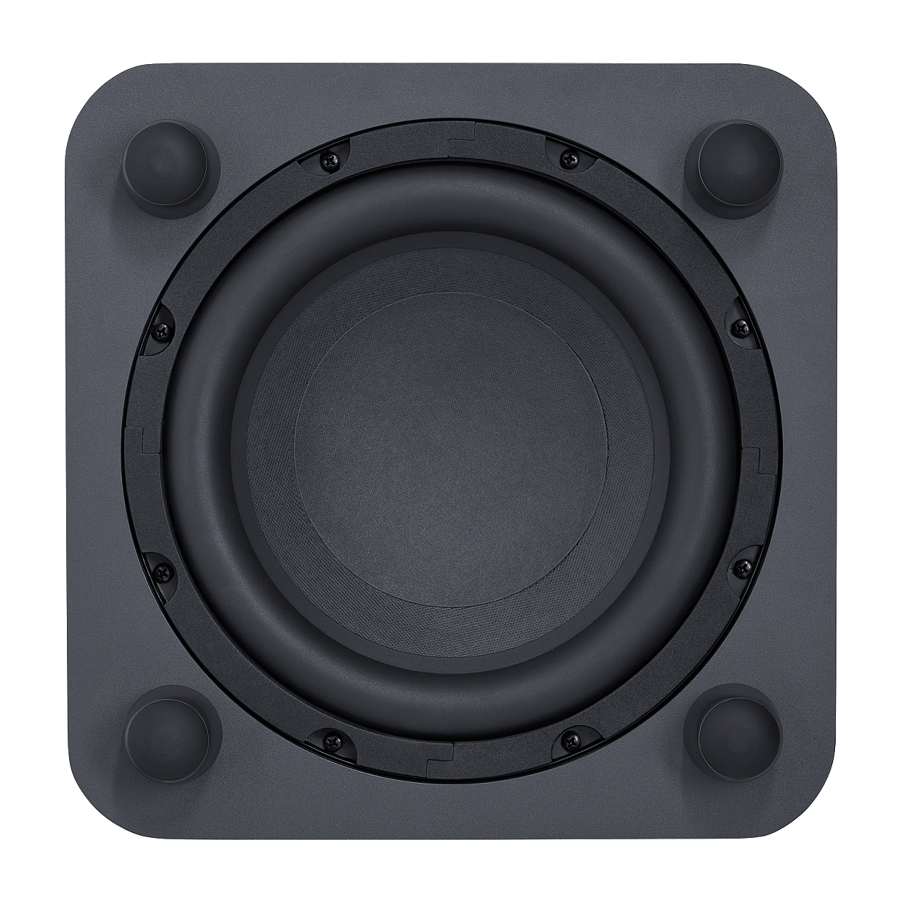 Ein schwarzer Subwoofer mit abgerundeten Ecken, vier Füßen und einem zentralen Lautsprecher.