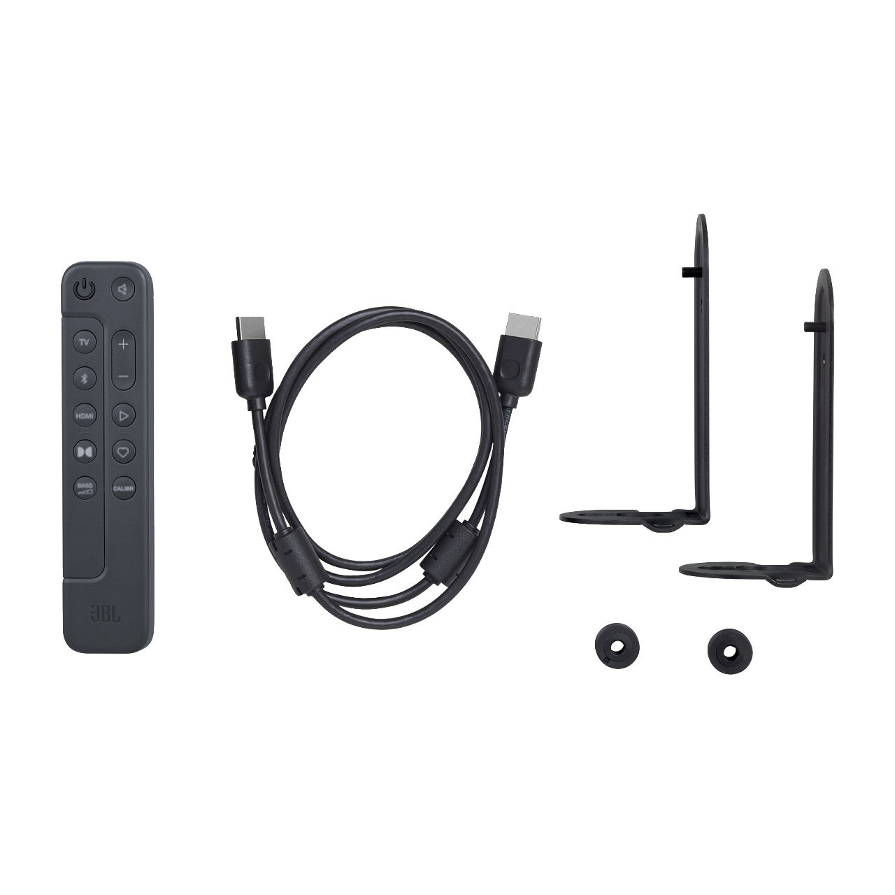 Ein JBL Soundbar Zubehörset. Enthält eine Fernbedienung, ein Kabel und zwei Halterungen.