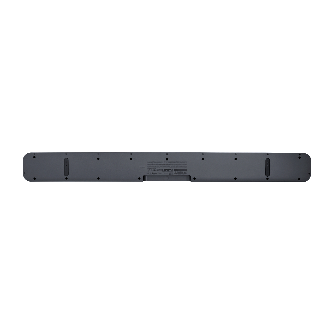 Eine dunkelgraue Soundbar mit mehreren Löchern auf der Rückseite, isoliert auf weißem Hintergrund.