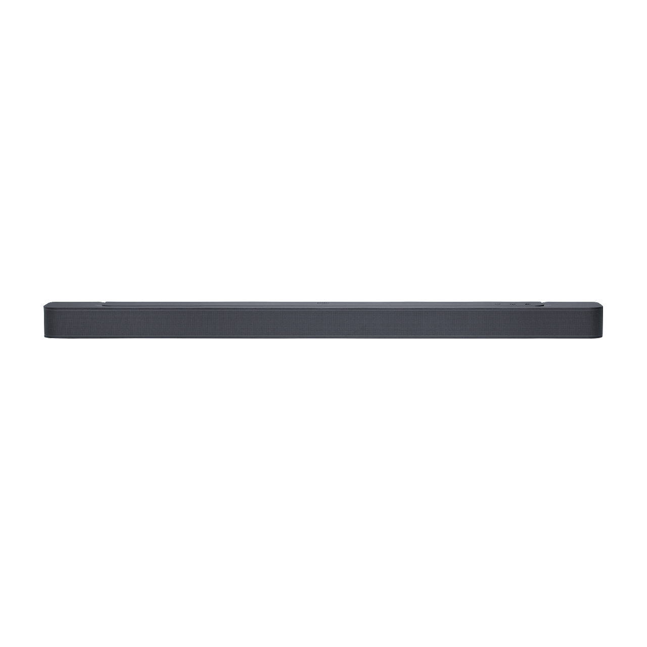 Eine lange, dunkelgraue Soundbar vor weißem Hintergrund, von vorne gesehen.