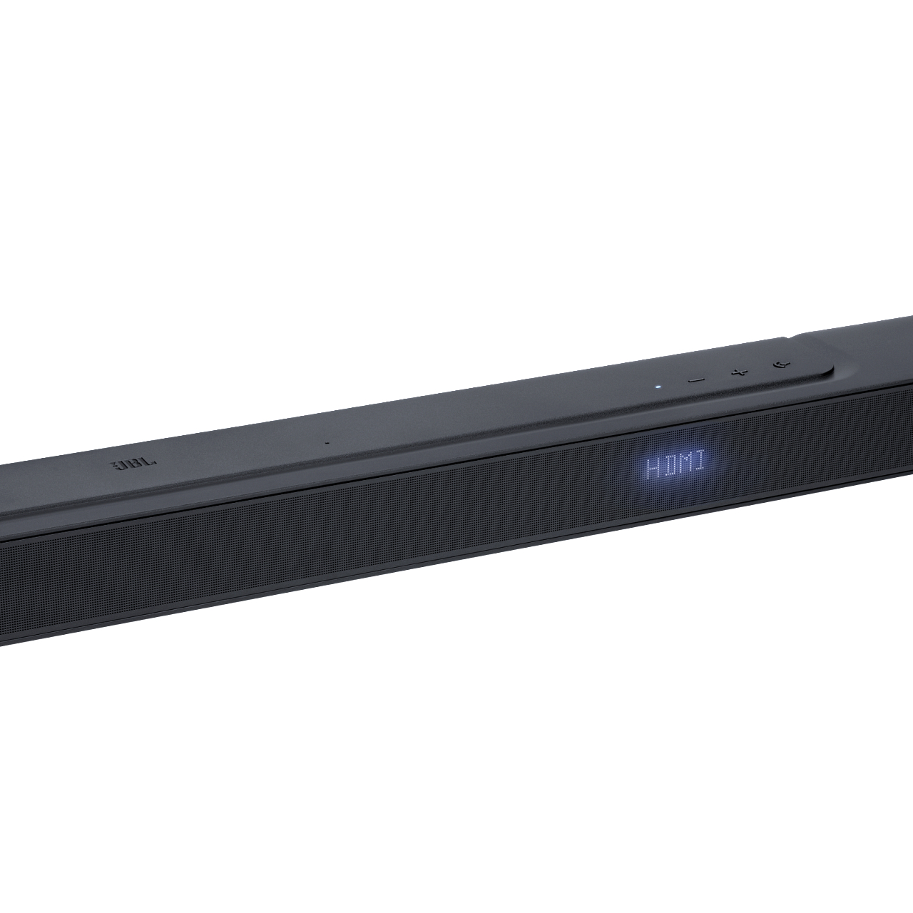 Soundbar, schwarz, mit HDMI-Anzeige, weißer Hintergrund.
