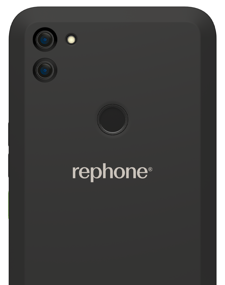 Schwarze Telefonrückseite mit Dual-Kameras und Fingerabdrucksensor.