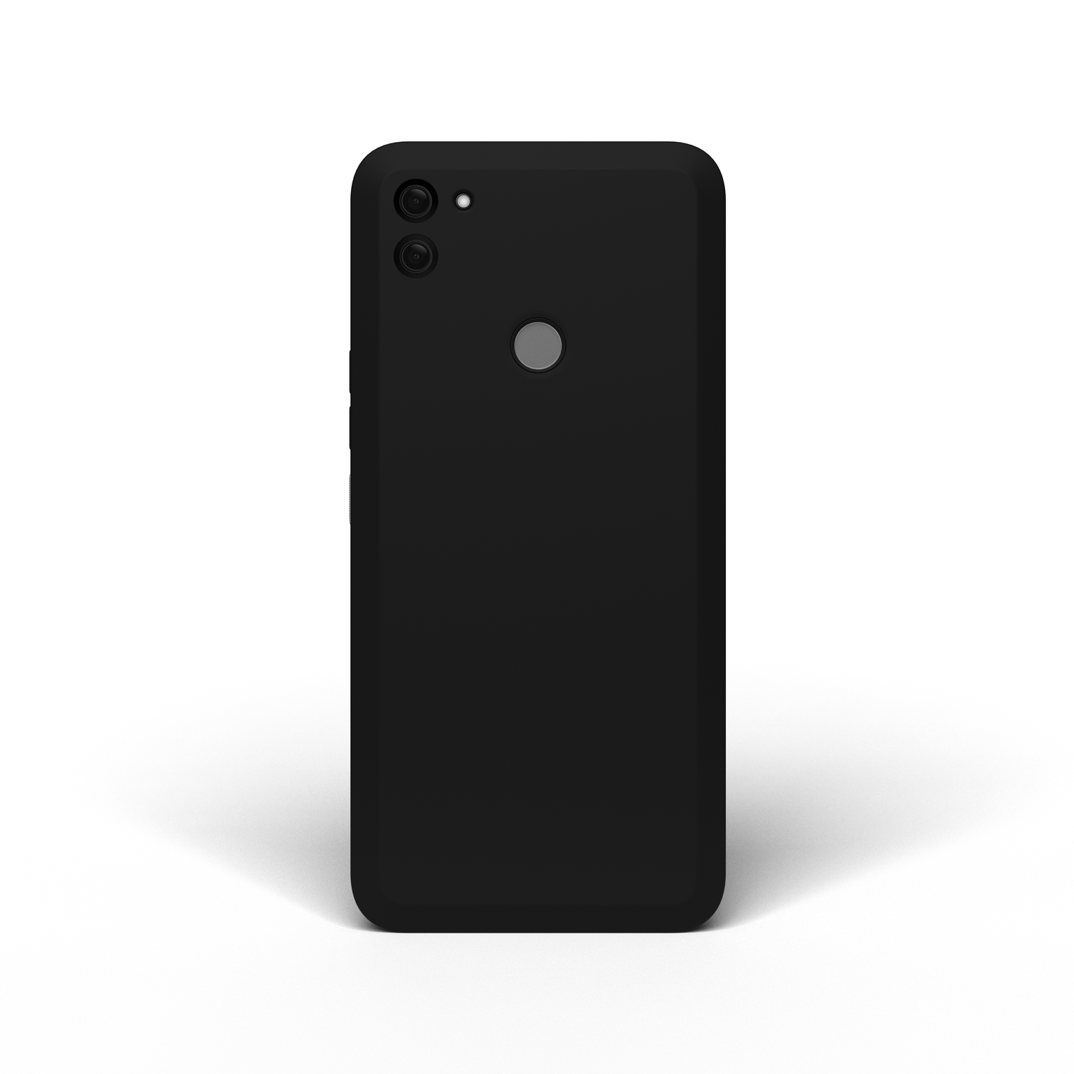 Ein schwarzes Smartphone mit zwei Kameralinsen und einem runden Knopf auf weißem Hintergrund.
