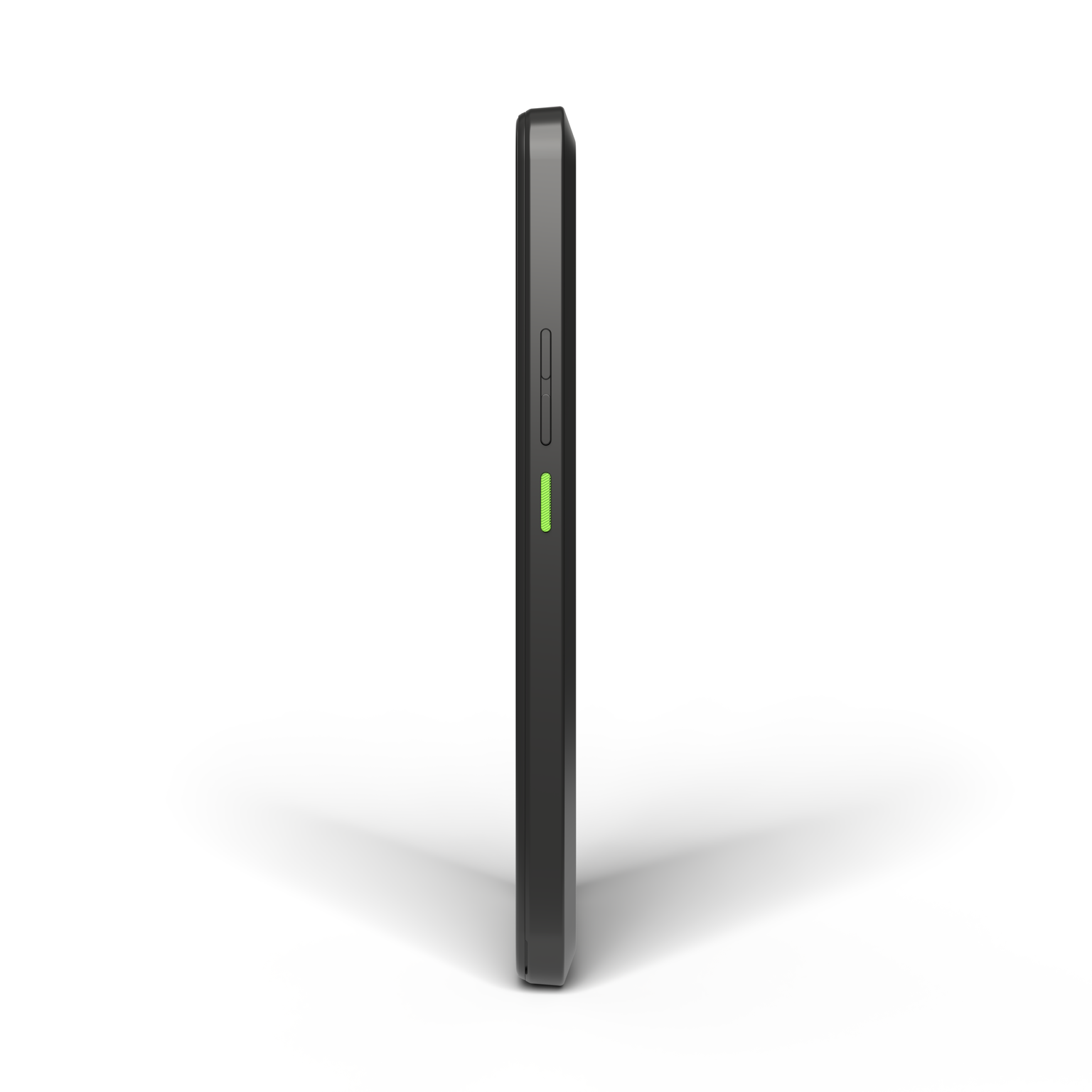 Seitenansicht eines schwarzen Smartphones mit grüner Taste und schlankem, minimalistischem Design.
