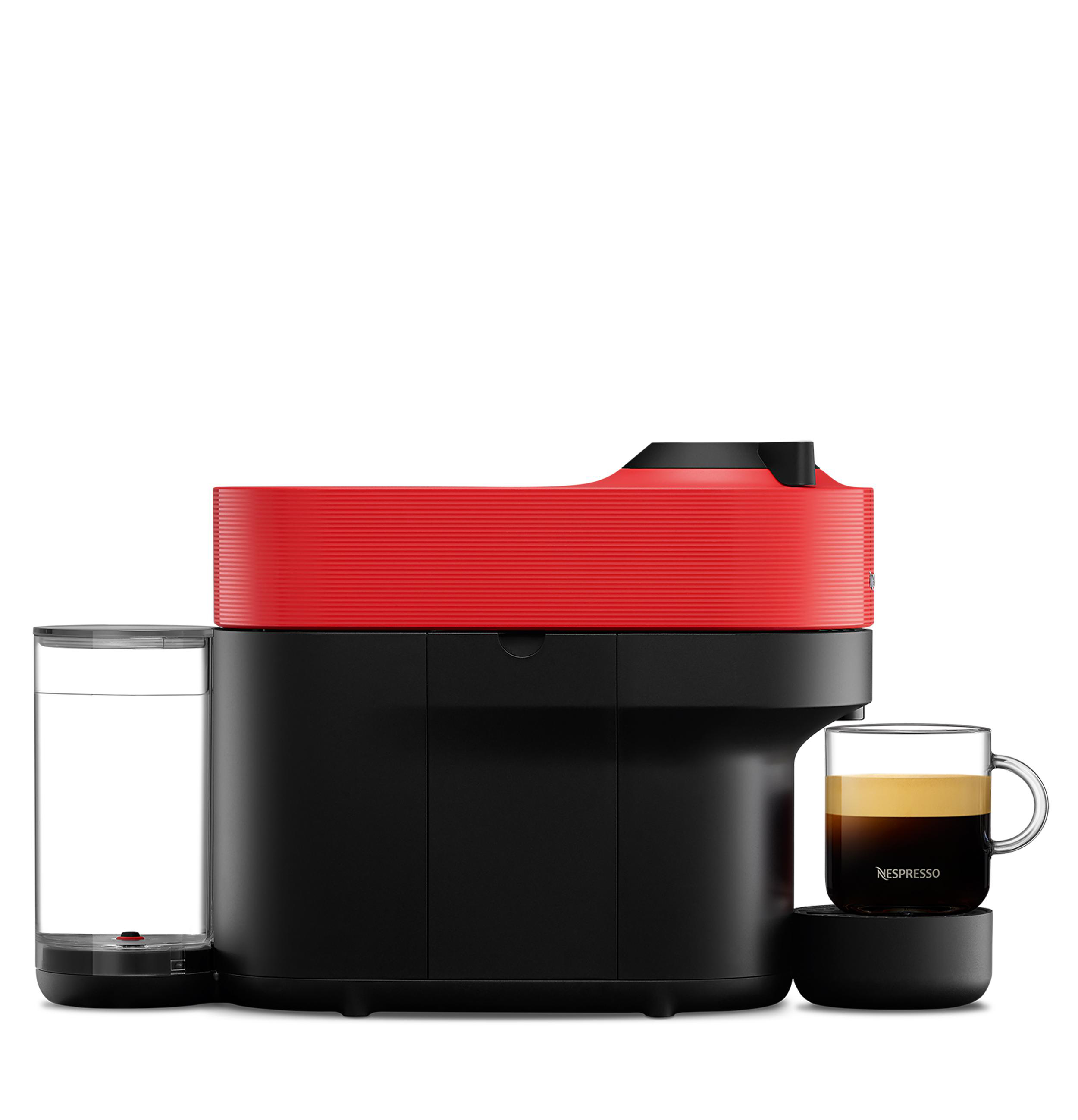 Rote und schwarze Kaffeemaschine mit Glas Kaffee und Wassertank.