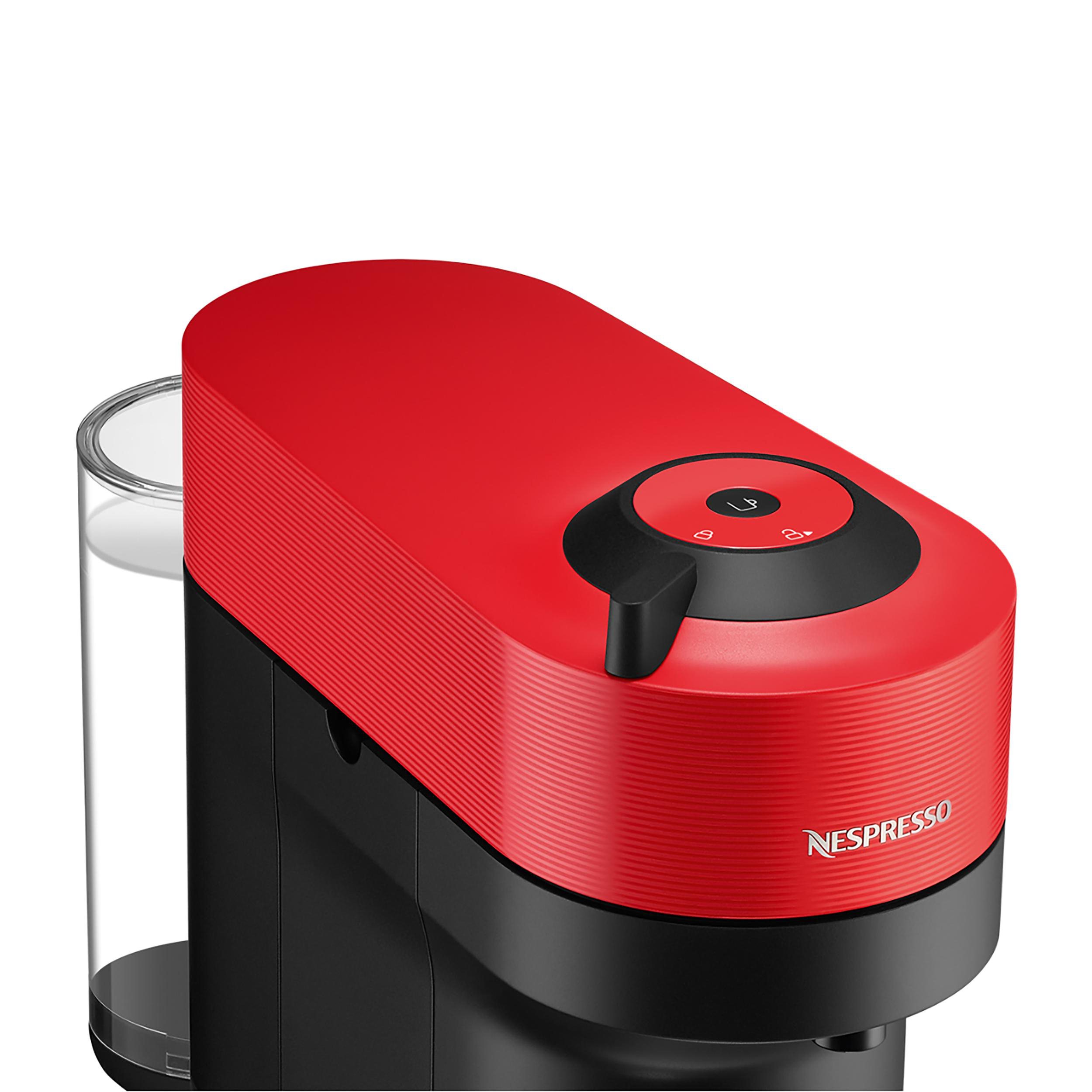 Rote und schwarze Nespresso-Kaffeemaschine, klarer Wassertank und weißer Hintergrund.