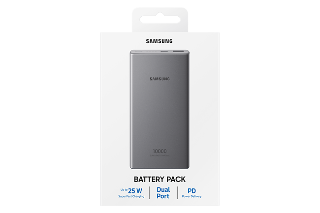 İçinde Samsung power bank bulunan beyaz bir kutu, '10000' ve 'BATTERY PACK' etiketli.