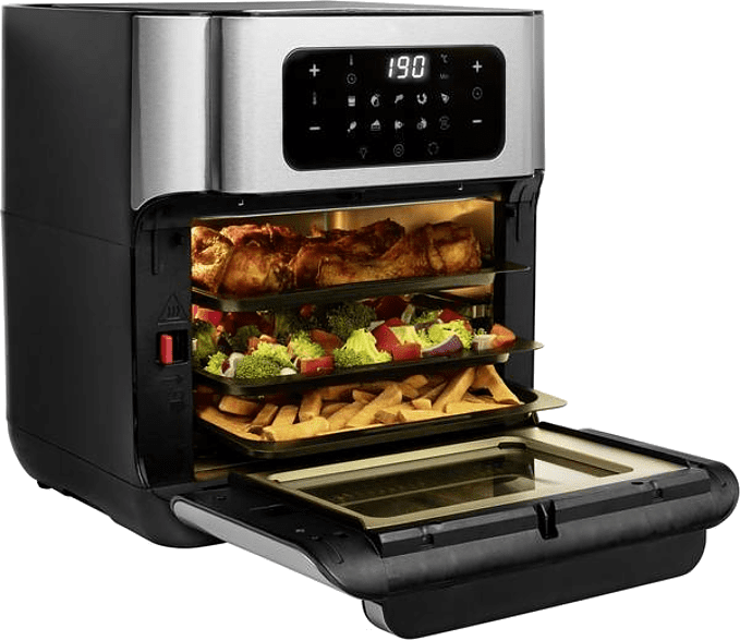 Friteuse à air noire avec aliments sur plateaux, affichage numérique.
