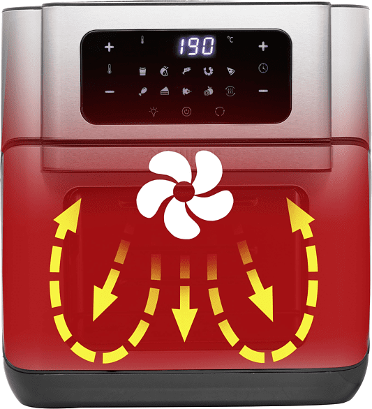 Une friteuse à air montre l'intérieur avec un ventilateur et des flèches.