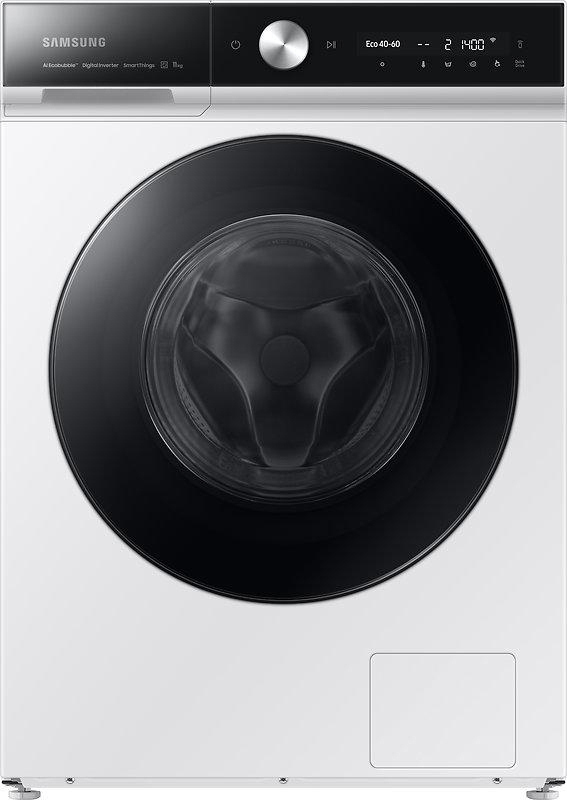 Eine weiße Samsung Waschmaschine. Sie hat eine schwarze Tür und ein Bedienfeld. Die Digitalanzeige zeigt Einstellungen.