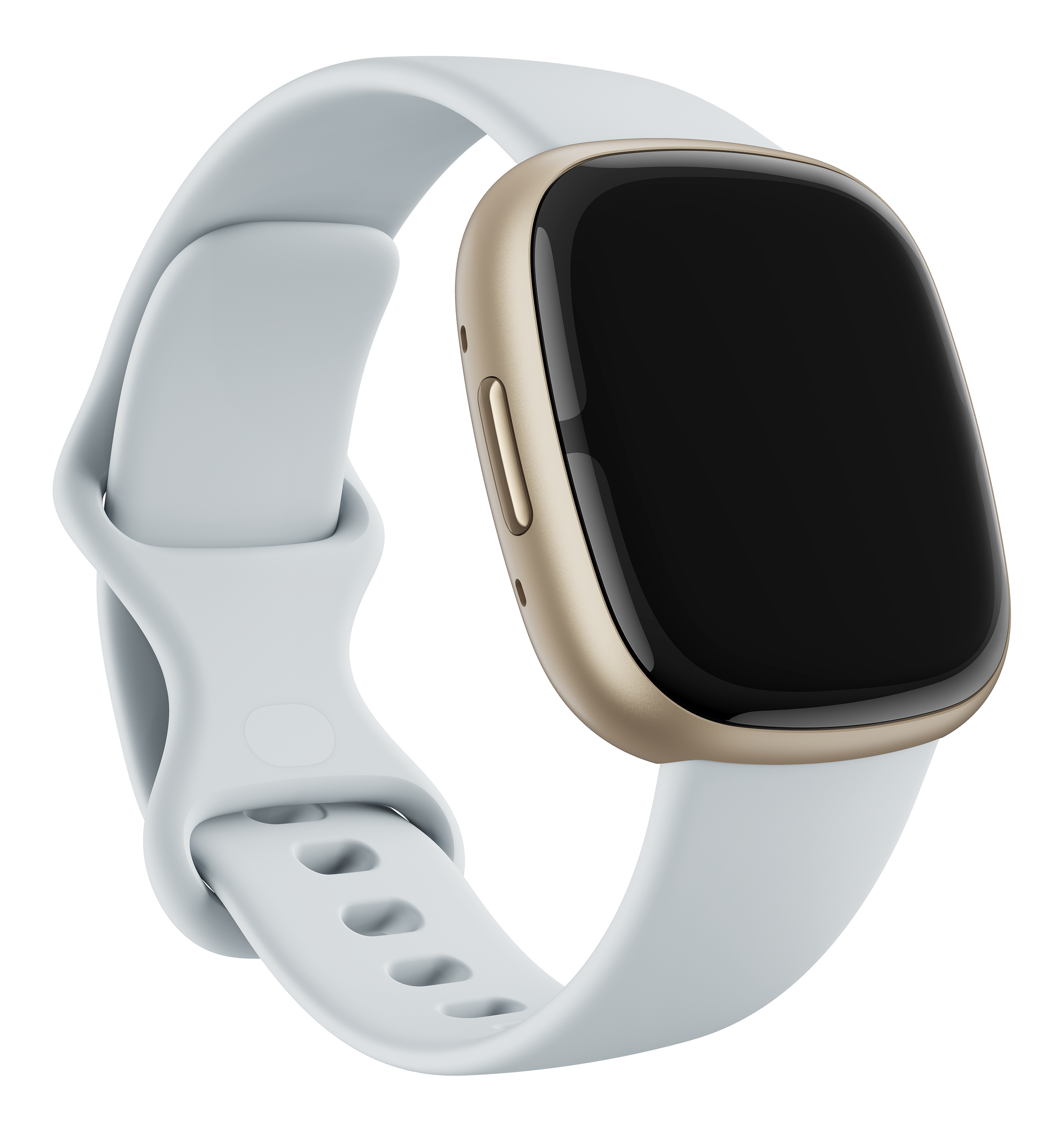 Montre connectée Fitbit Versa 4 avec un bracelet bleu clair et un cadre doré autour de l'écran noir.