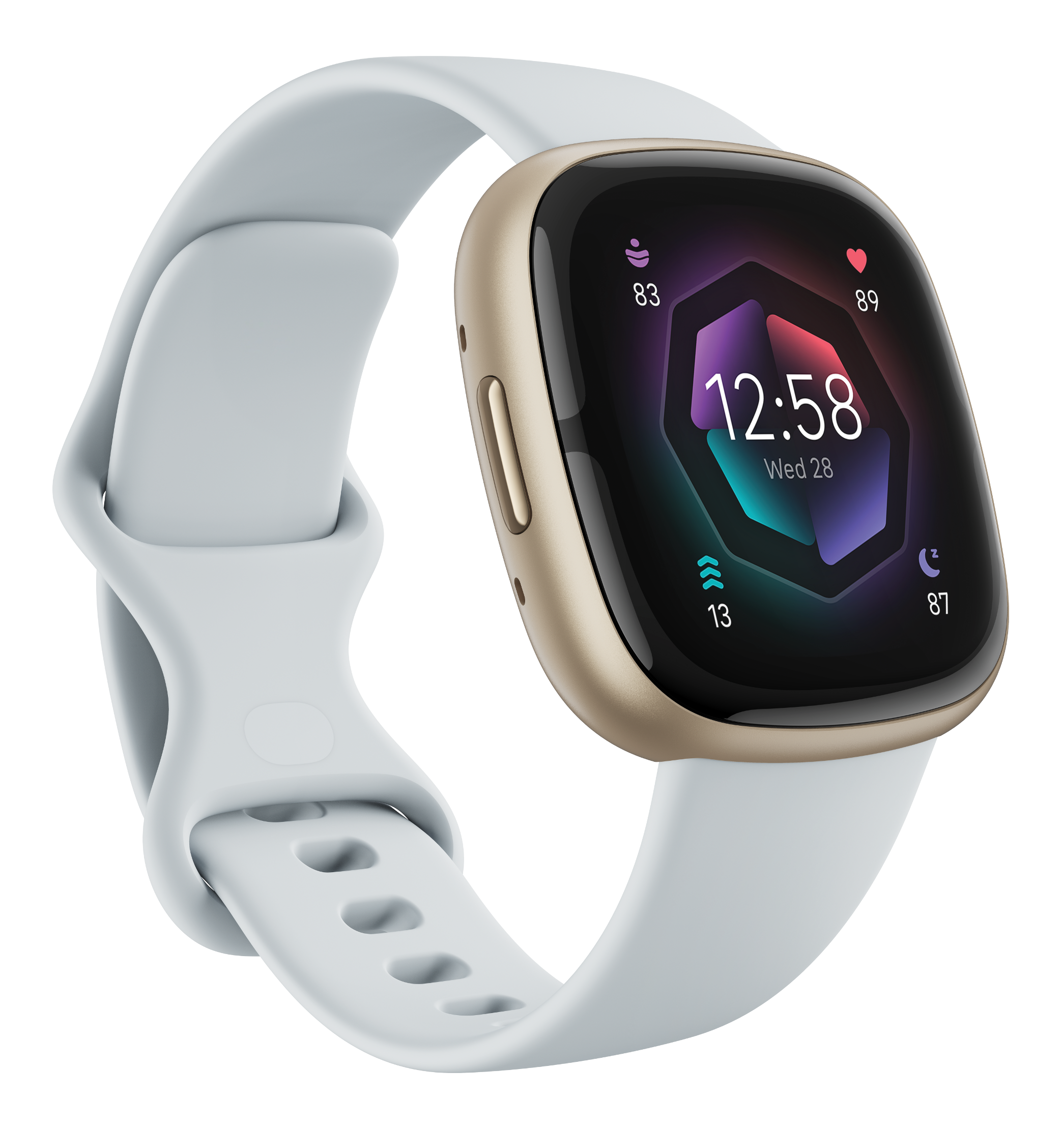 Une montre connectée bleu clair avec un cadre et un boîtier dorés, affichant l'heure et les mesures de santé.