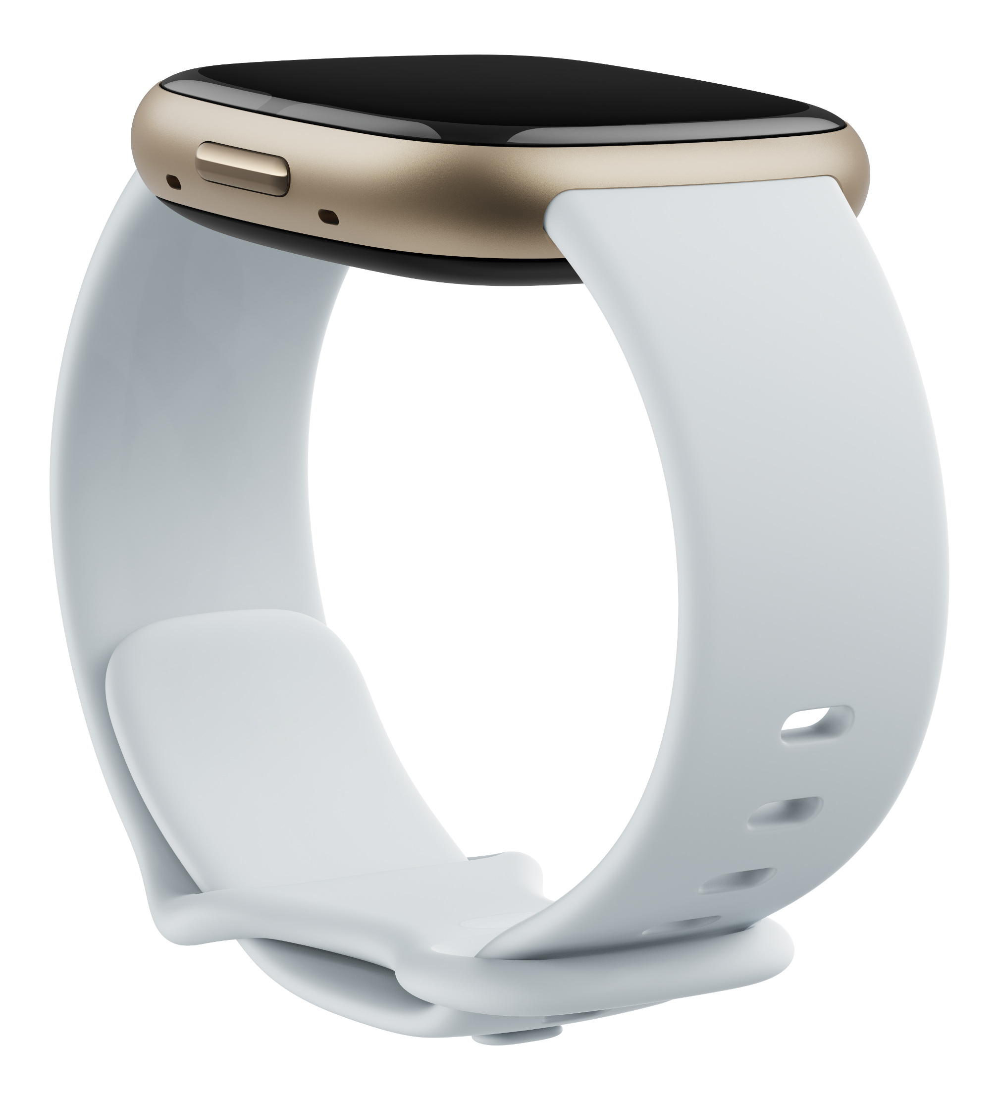 Smartwatch avec un boîtier doré et un bracelet en silicone blanc, fond noir.
