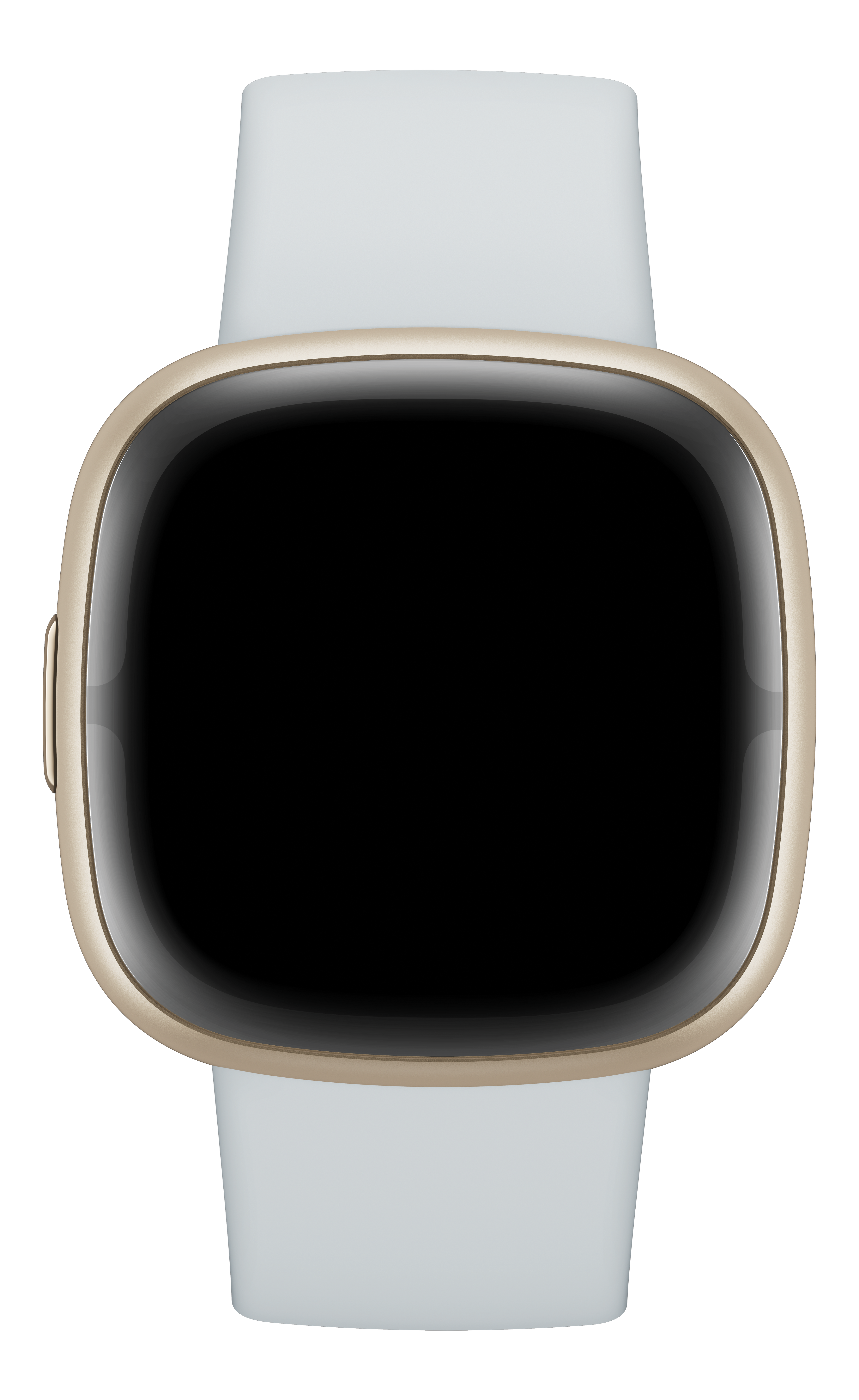 Une smartwatch avec un boîtier doré et un écran noir, avec des bracelets bleu clair, sur fond blanc.