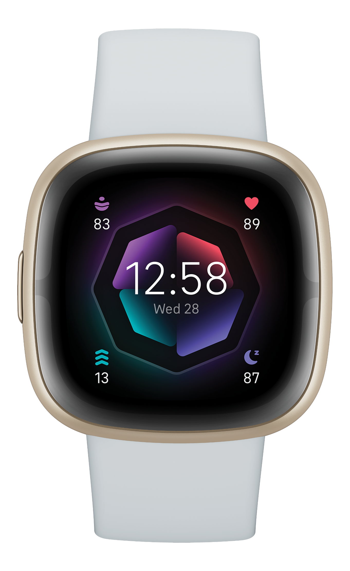 Une montre connectée dorée avec un écran carré, affichant l'heure et les données de santé. Elle a un bracelet blanc.