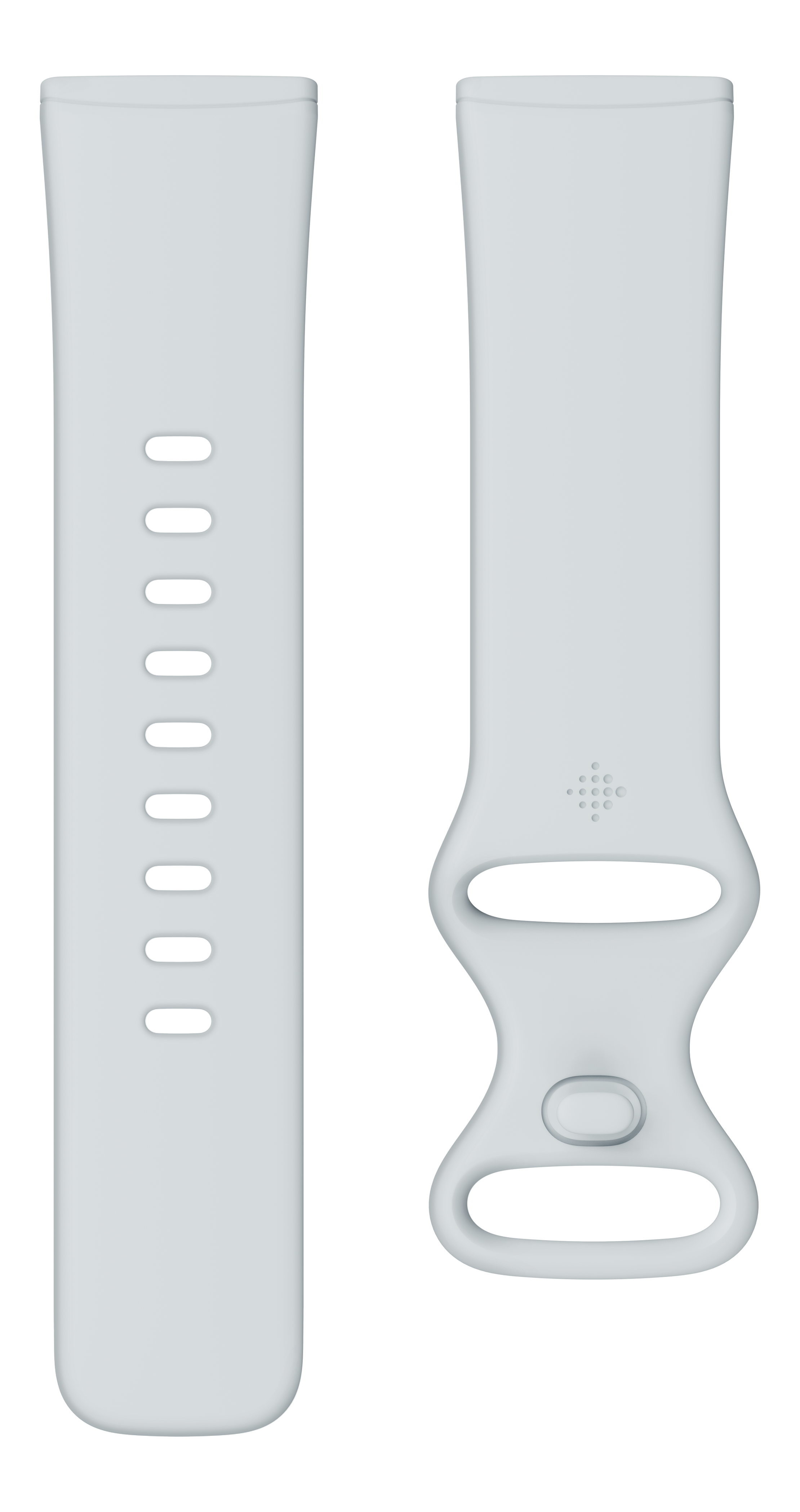 Deux bracelets de montre gris clair sont présentés. L'un a des trous et l'autre une fermeture.
