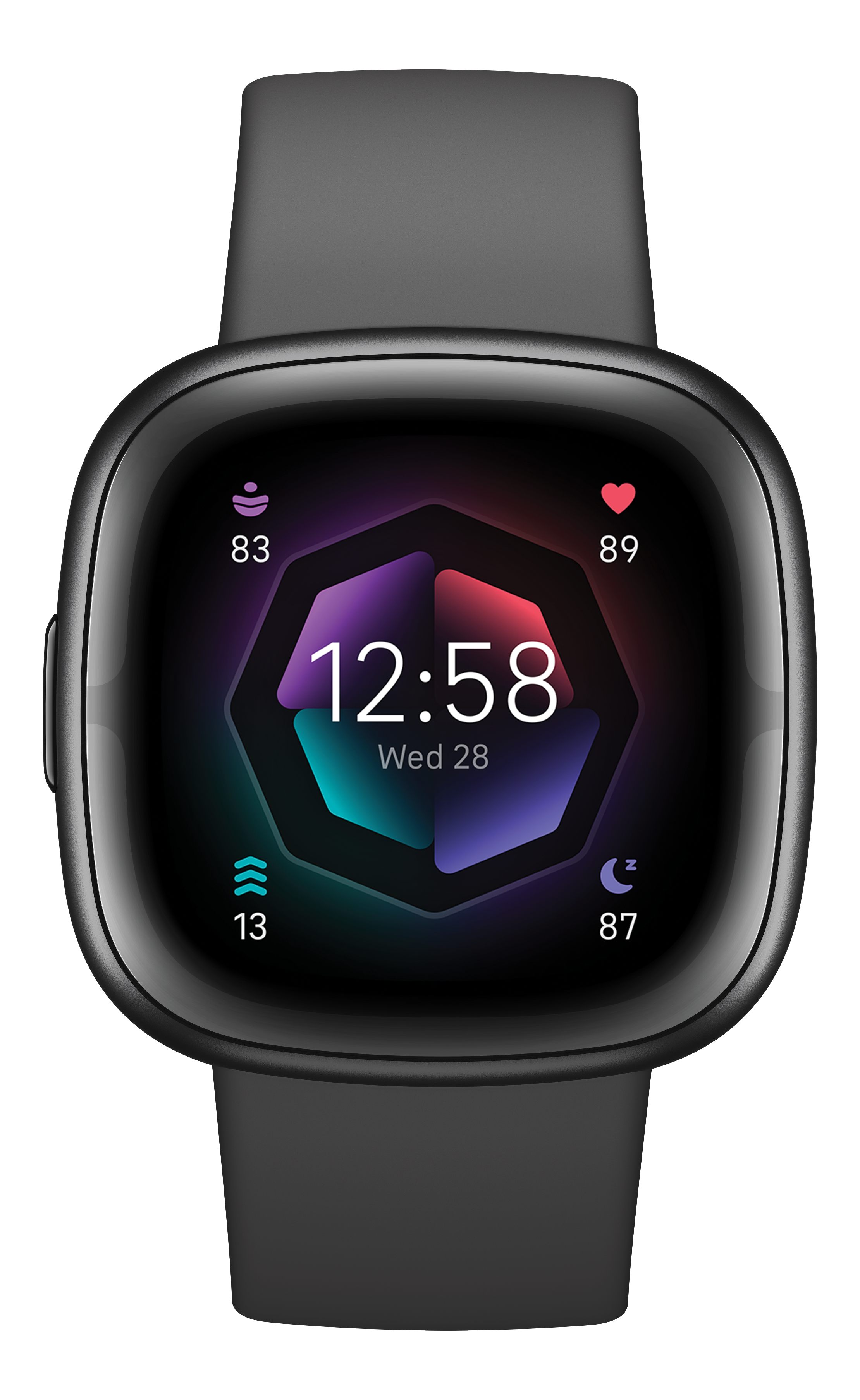 Montre connectée noire avec écran coloré et bracelet gris foncé.