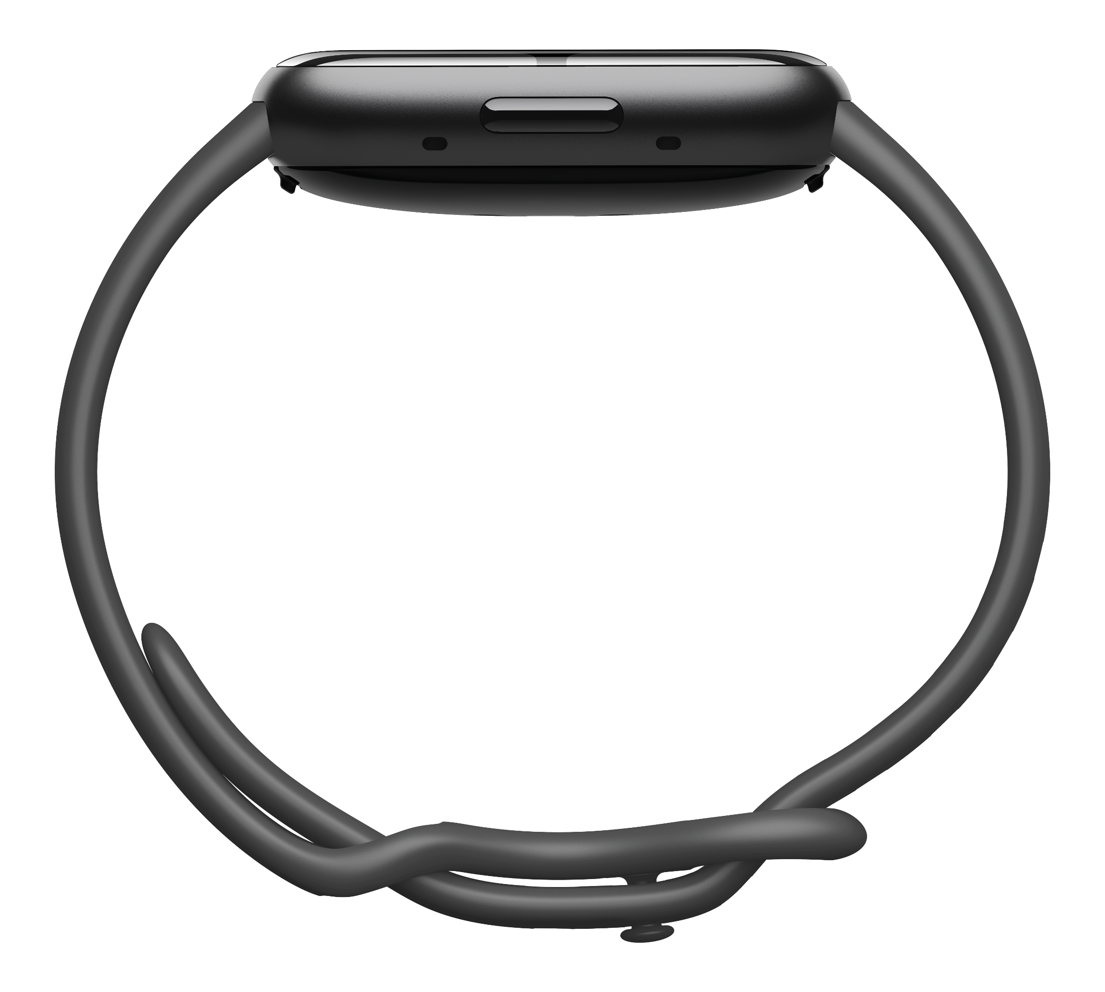 Smartwatch noire avec bracelet sombre sur fond noir.