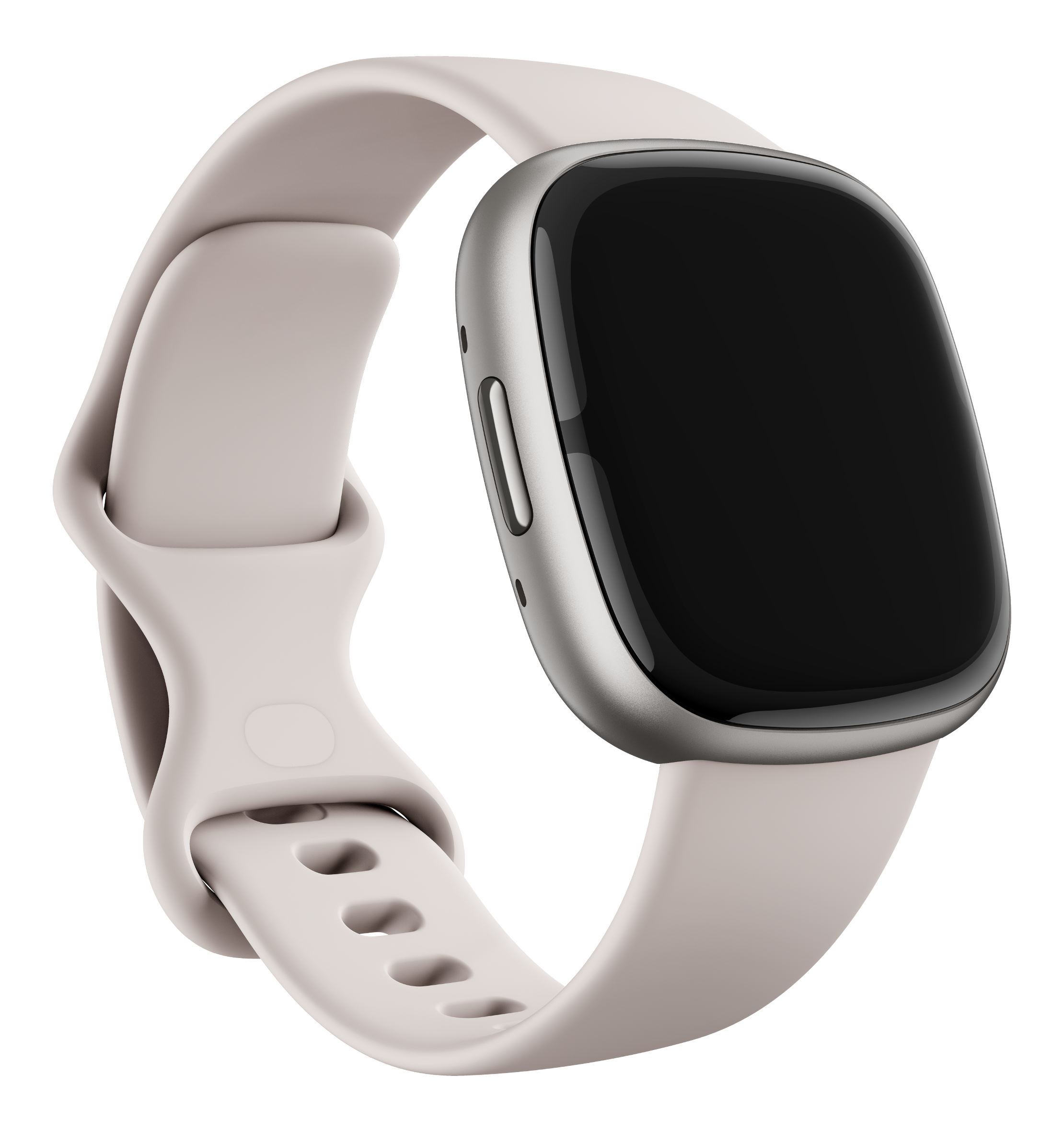 Une montre connectée argentée avec un écran noir et un bracelet rose clair. Sur fond noir.
