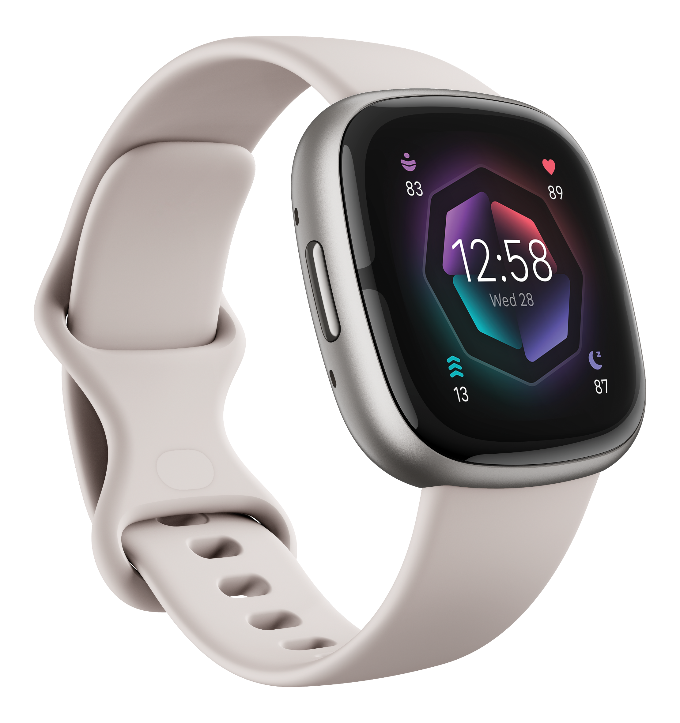 Montre connectée avec bracelet rose clair, affichant un écran numérique sur fond noir.