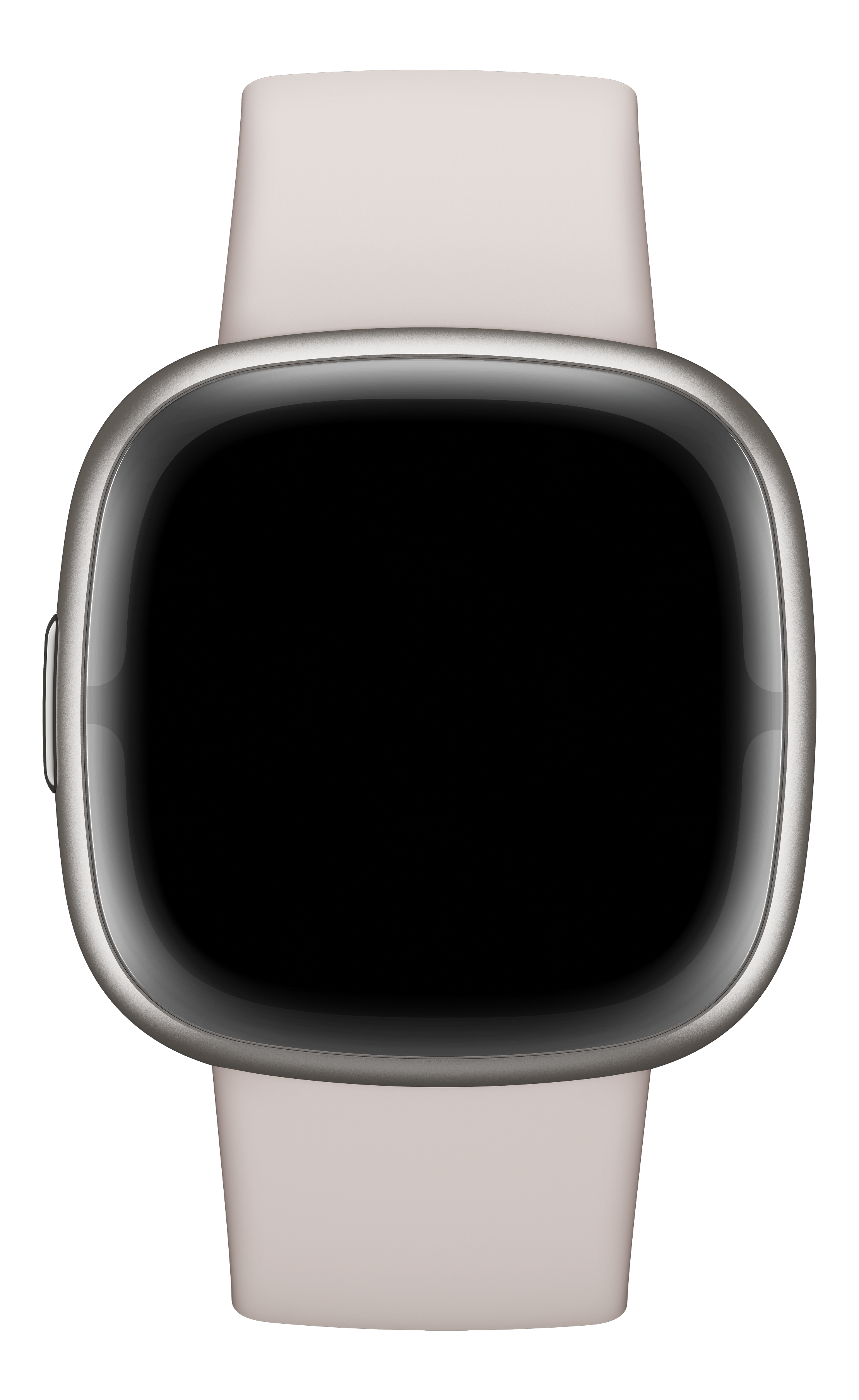 Une smartwatch avec un écran noir et un cadre argenté. Elle a des bracelets rose clair.