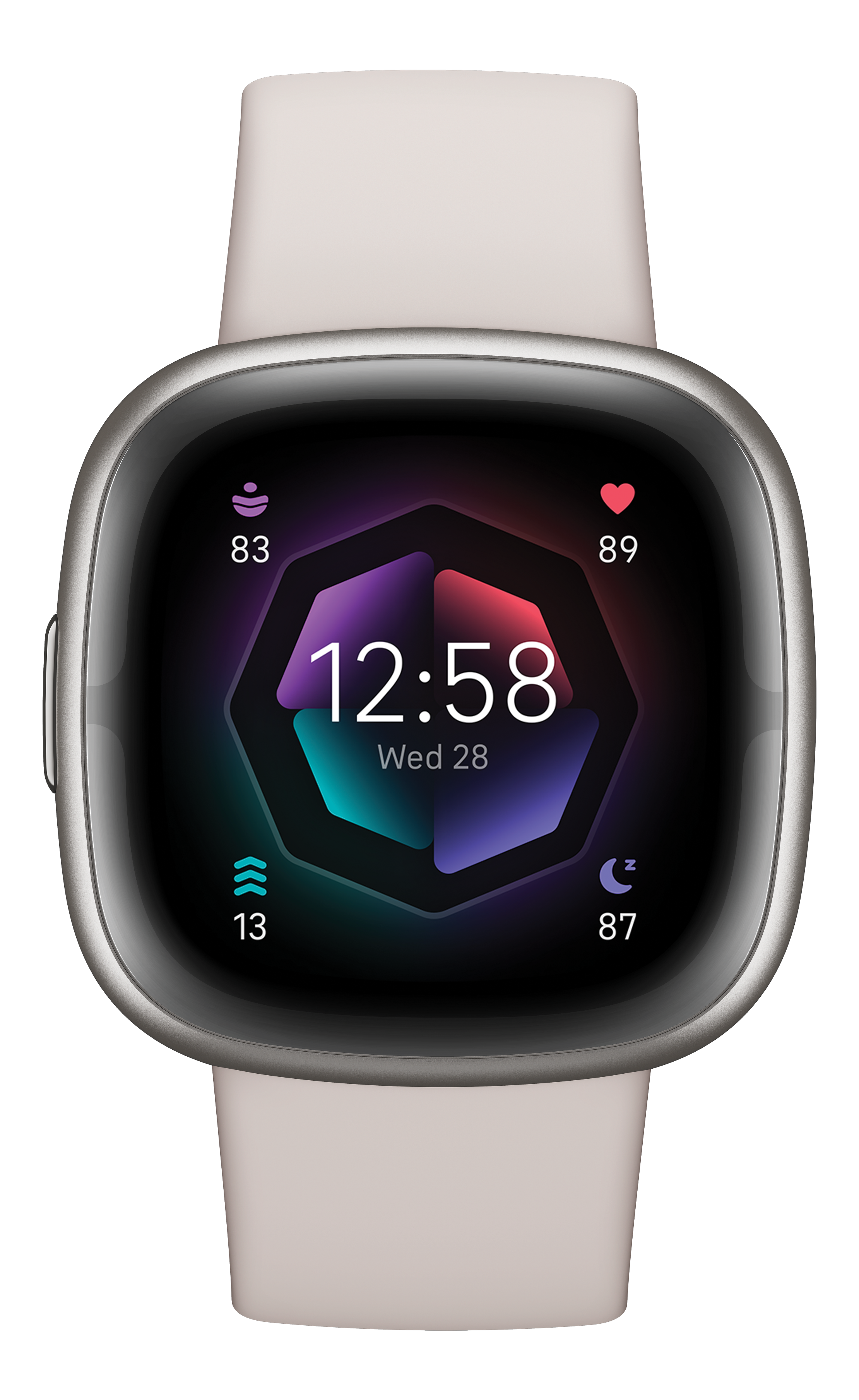 Une montre intelligente argentée avec un bracelet blanc affiche l'heure. L'écran affiche les métriques de santé.