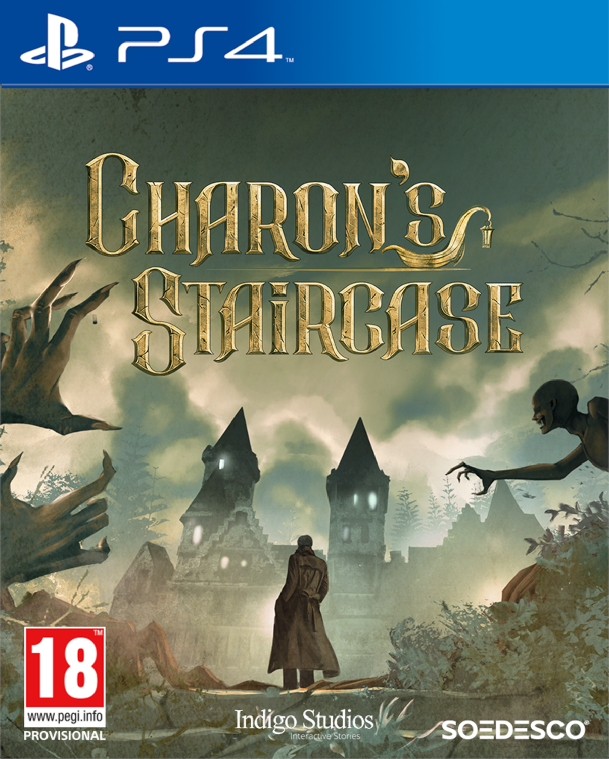 Game-cover voor Charon's Staircase. Een man in een lange jas staat voor een kasteel.