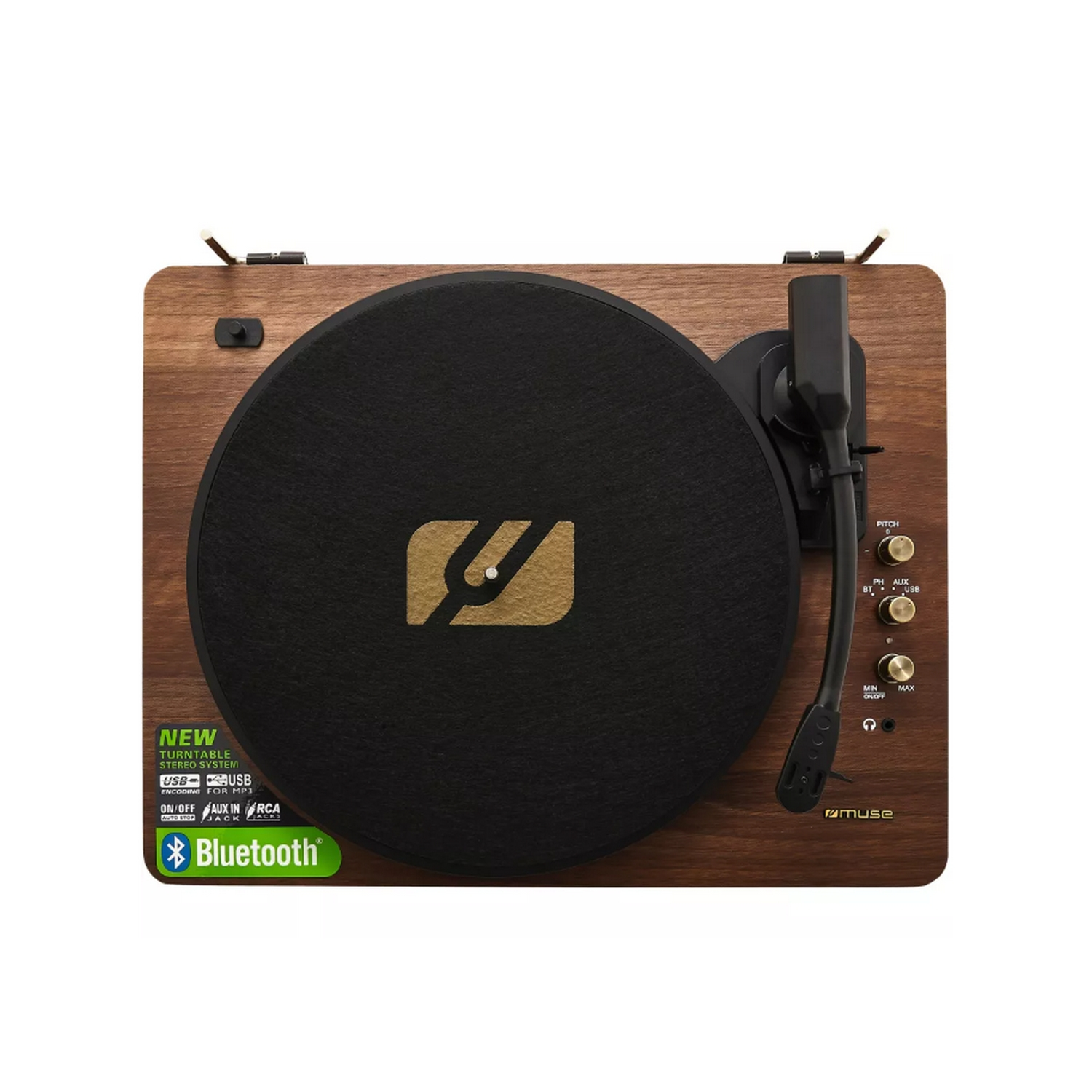Tocadiscos de madera con disco negro, logo dorado y botones de control.