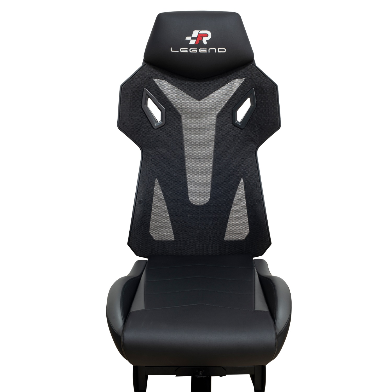 Silla gaming negra con respaldo gris estampado, reposacabezas con logo Legend sobre fondo blanco.