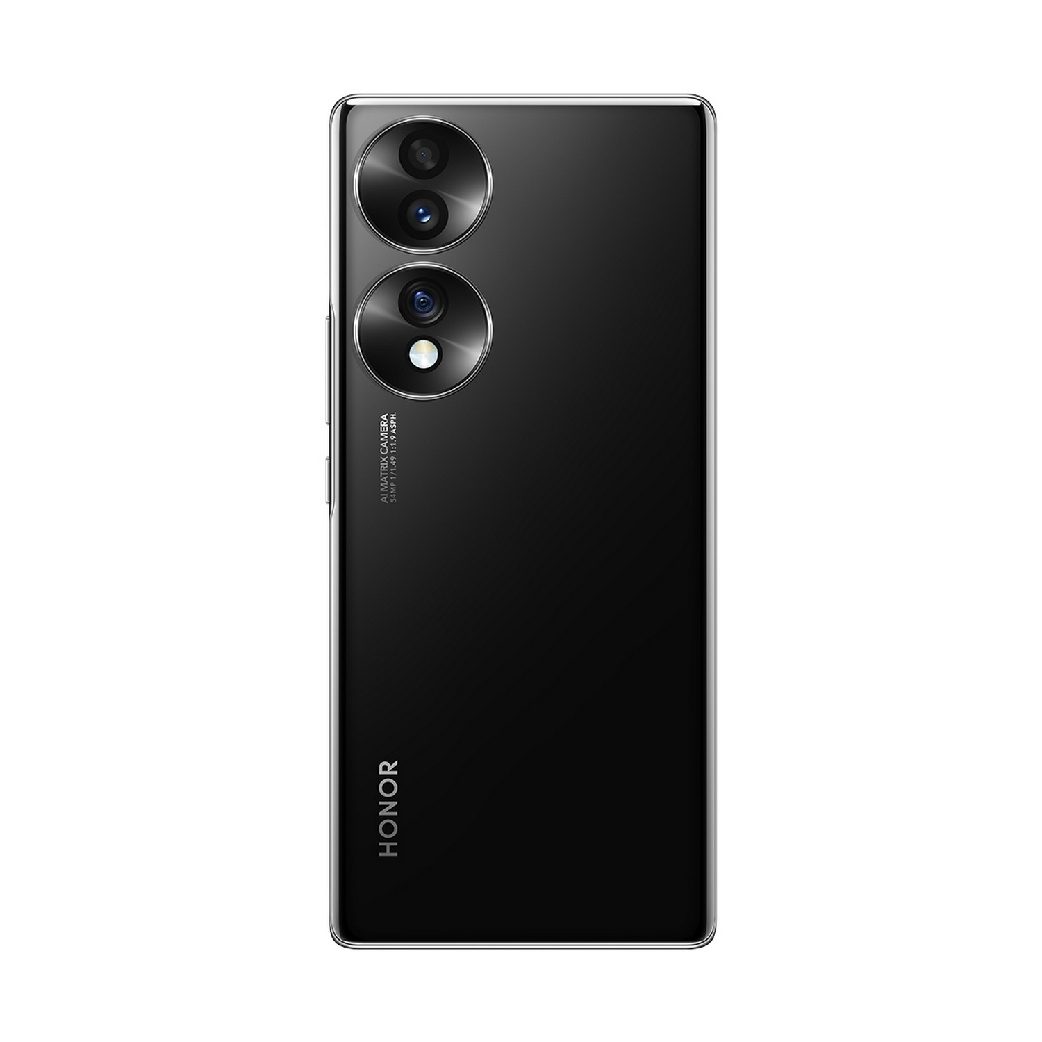 Smartphone Honor negro con dos lentes de cámara en la parte trasera, sobre fondo blanco.