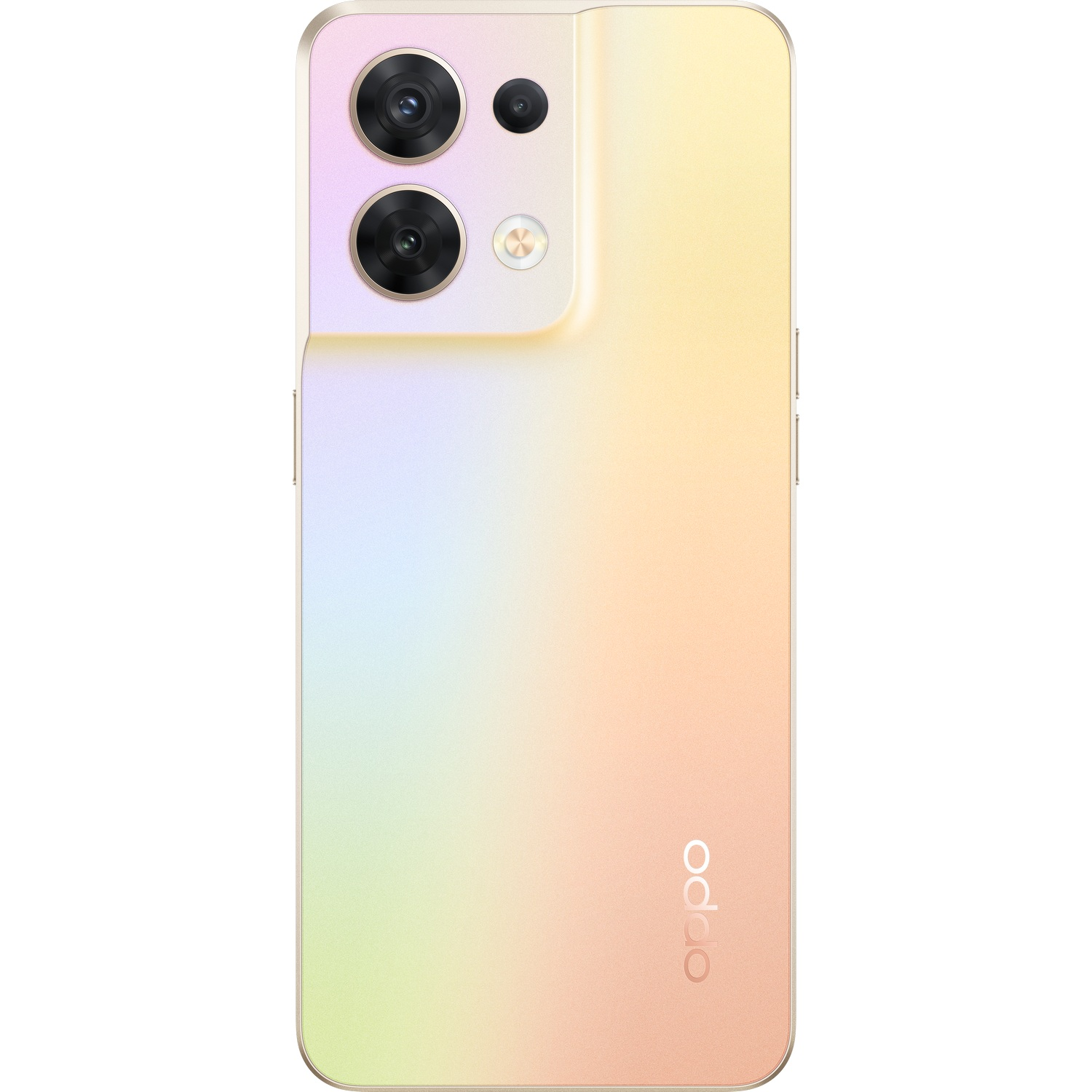 Un smartphone Oppo dorado con tres cámaras traseras y el logotipo de Oppo. La parte trasera tiene colores degradados.