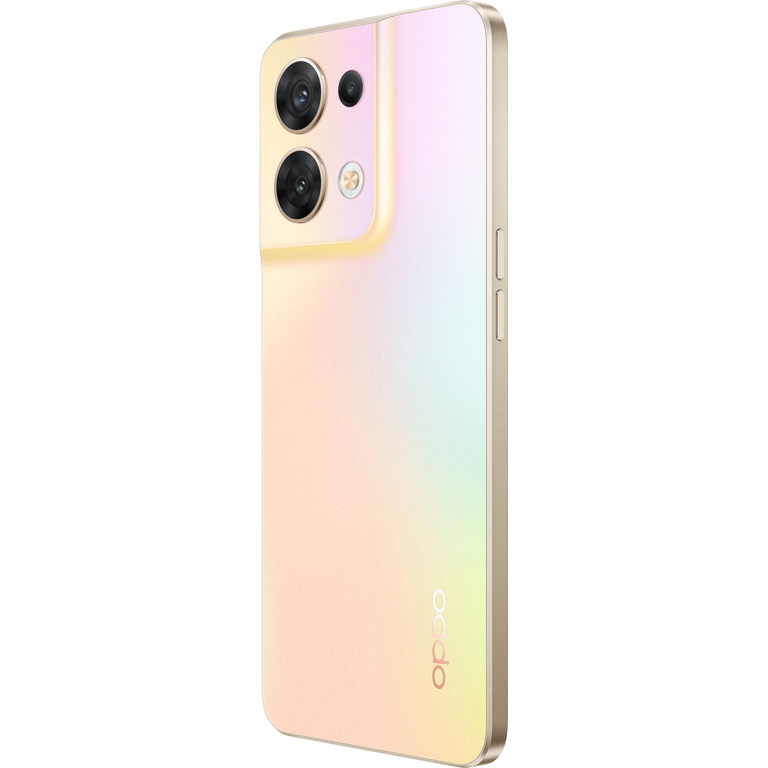 Parte trasera del teléfono rosa. Dos cámaras, logo Oppo y botones de volumen.