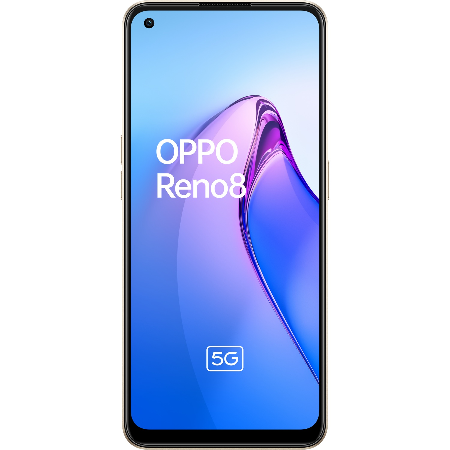 Teléfono Oppo Reno8 dorado con pantalla azul con un logotipo 5G.