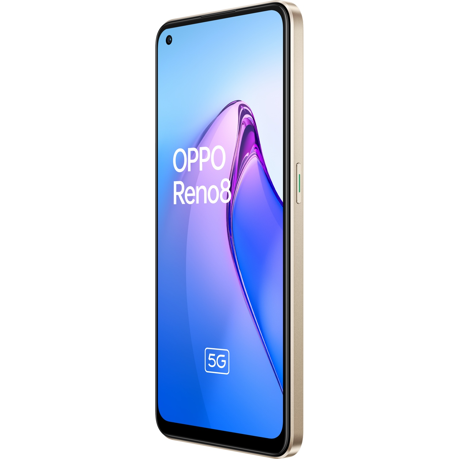 Smartphone dorado con pantalla que muestra una imagen colorida, el logo Oppo Reno8 y un icono 5G.