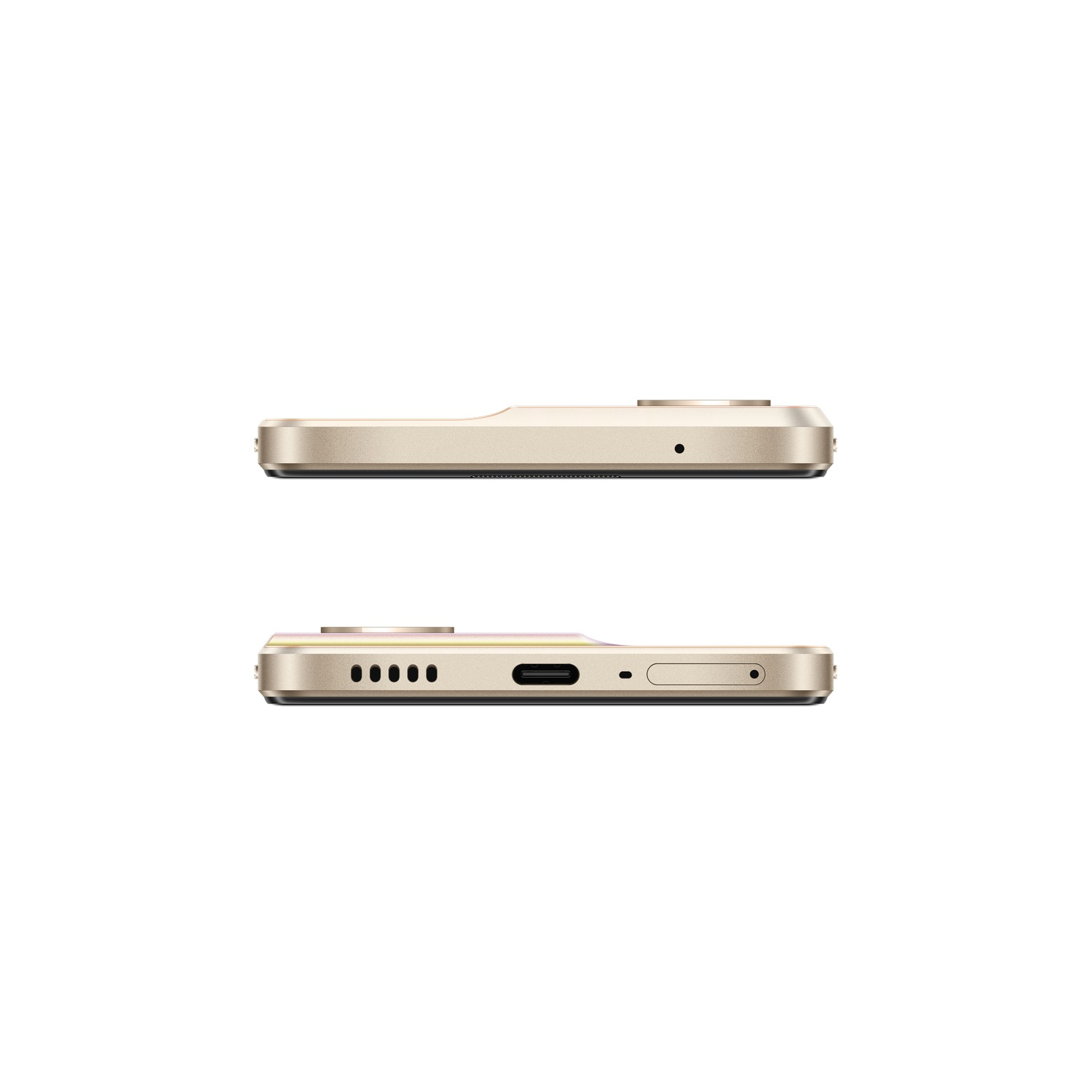 Dos teléfonos inteligentes dorados, vistos de lado, mostrando detalles de cámara y puertos.