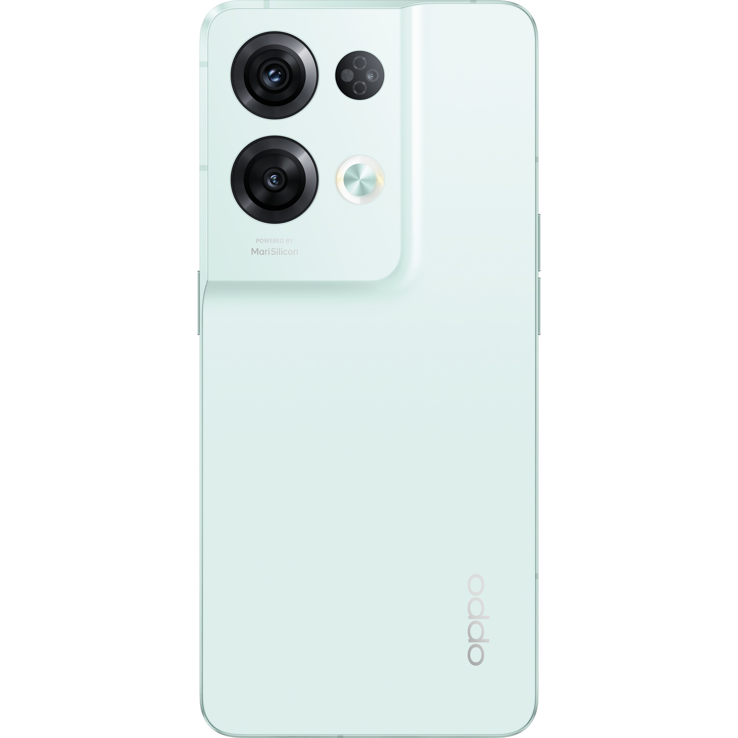 Teléfono Oppo, parte trasera verde menta, múltiples cámaras, fondo blanco.