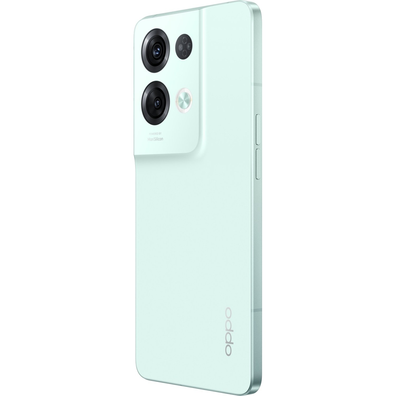 Smartphone verde, vista trasera, con configuración de triple cámara y logo de Oppo.