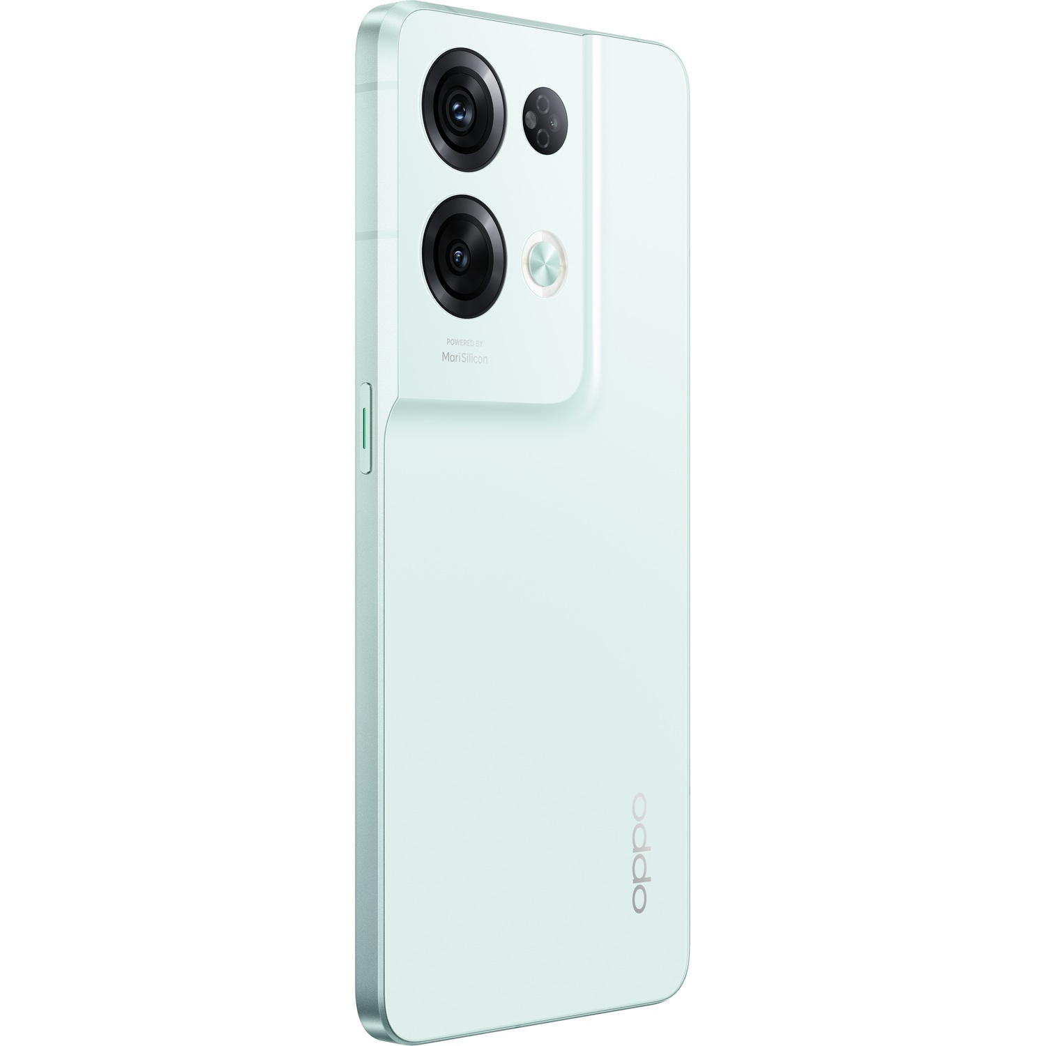 Un teléfono Oppo verde claro con tres cámaras traseras y un marco plateado.