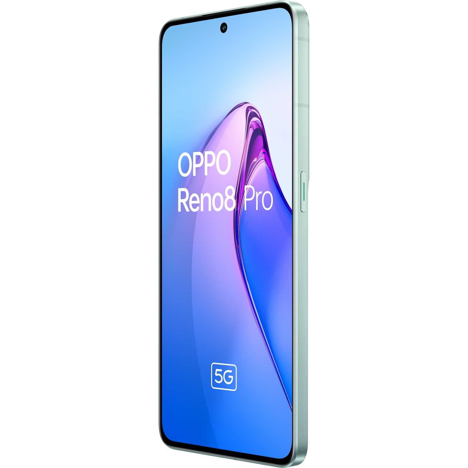 Smartphone verde, vista frontal, mostrando OPPO Reno8 Pro en pantalla, con logo 5G.