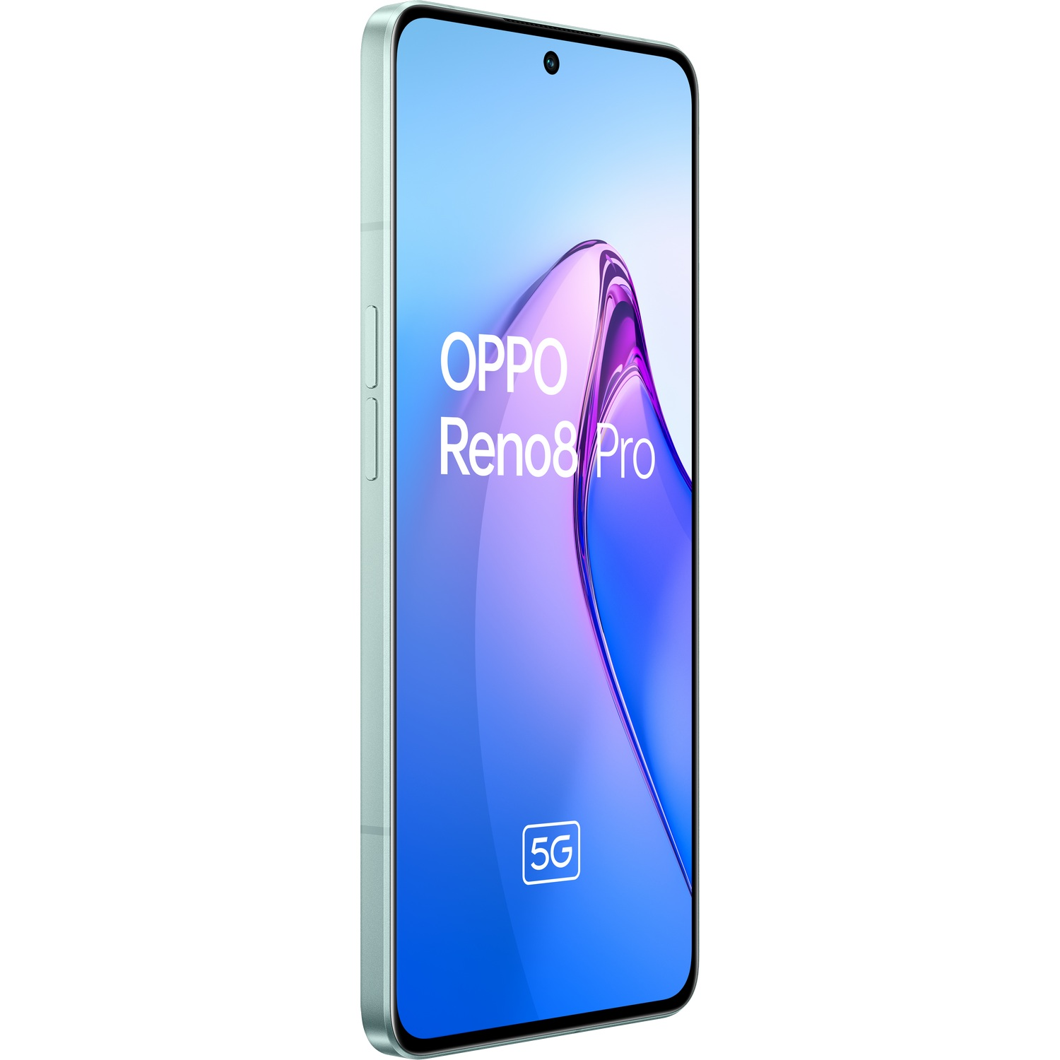 Un smartphone Oppo Reno8 Pro, verde menta, con la pantalla mostrando el nombre del teléfono.