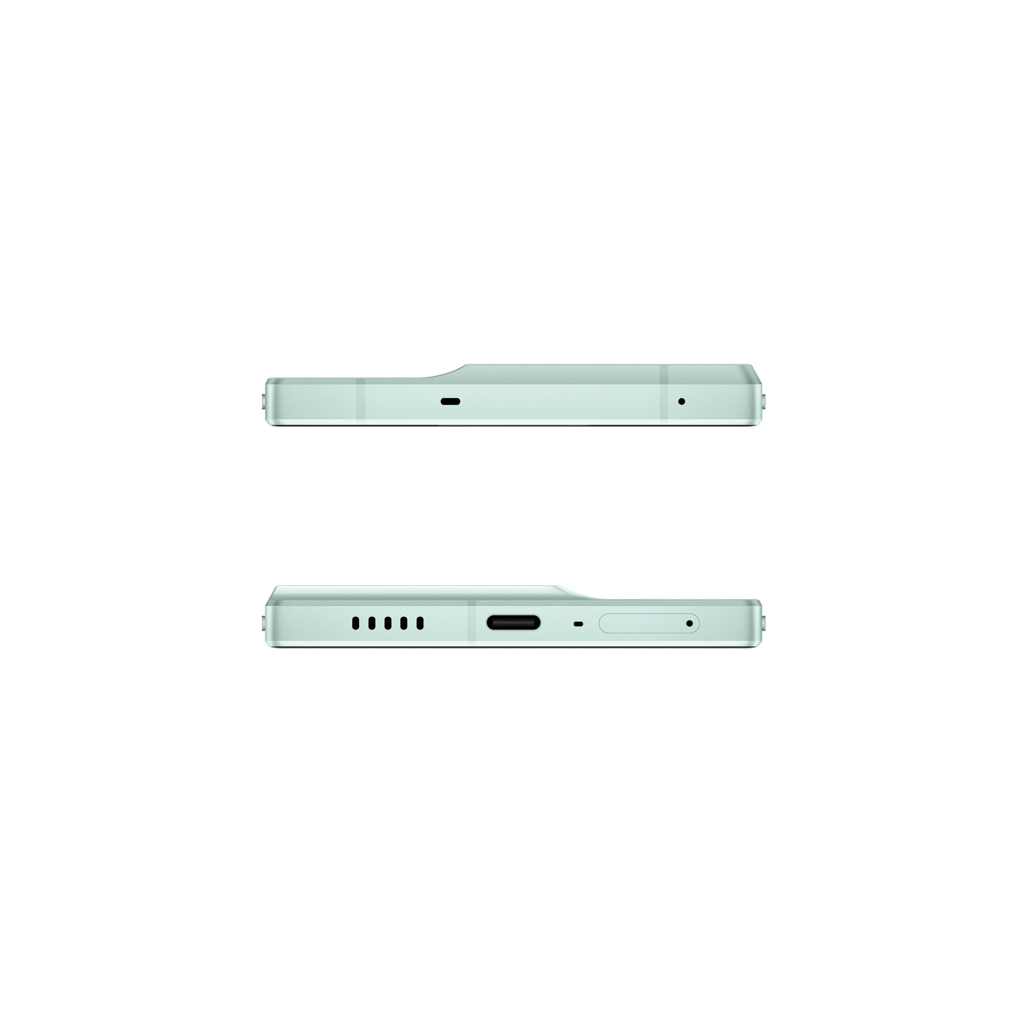 Dos vistas laterales de un teléfono inteligente verde menta sobre un fondo blanco.