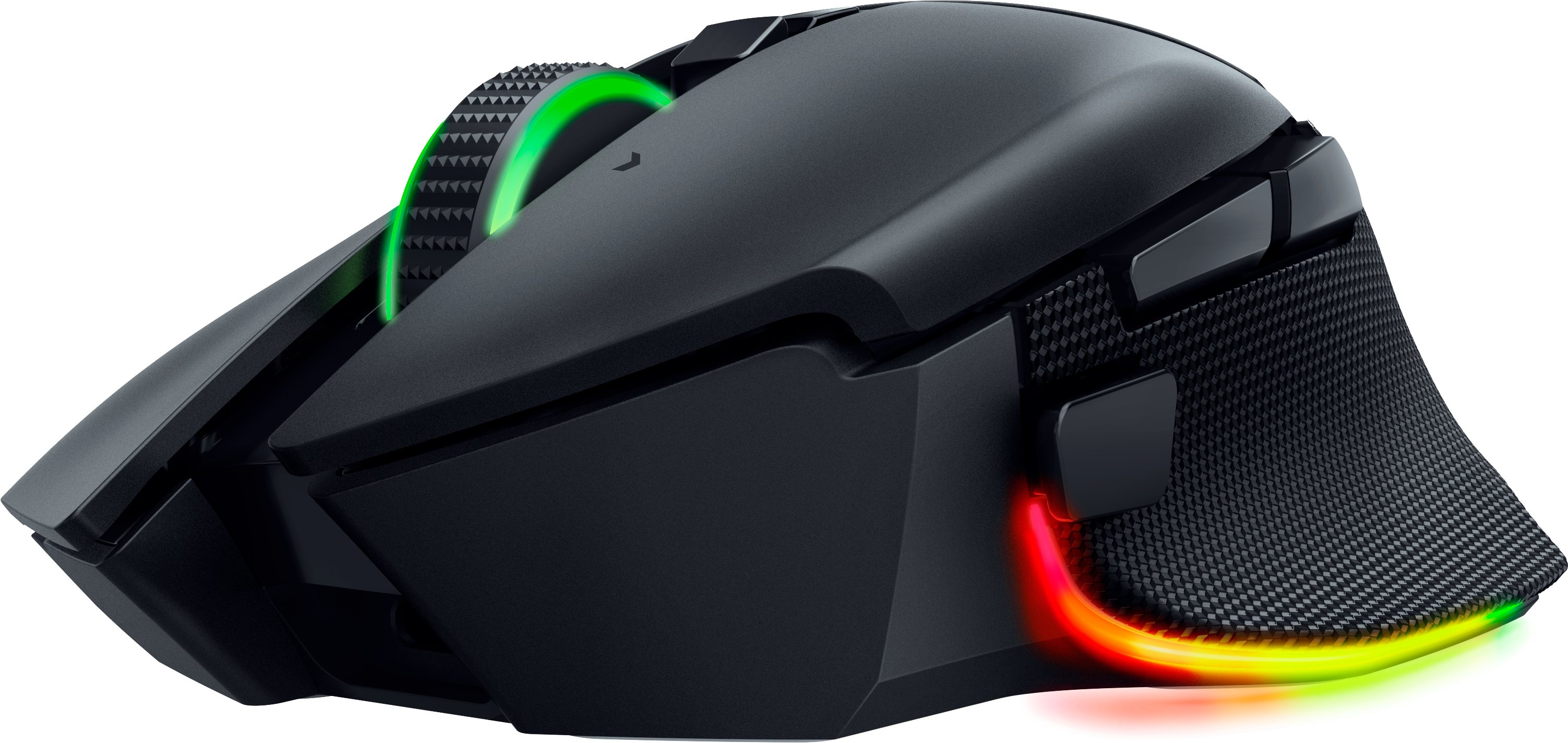 Schwarze Gaming-Maus mit grünen und roten LED-Leuchten, weißer Hintergrund.