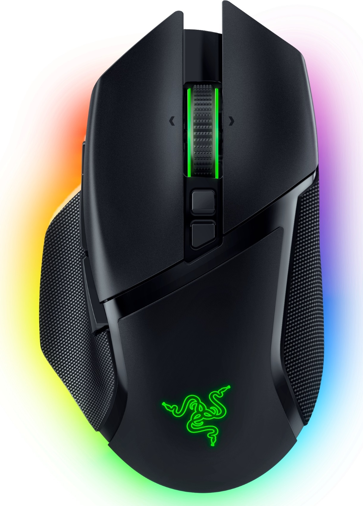Schwarze Gaming-Maus mit leuchtend grünem Logo und Regenbogenlicht.