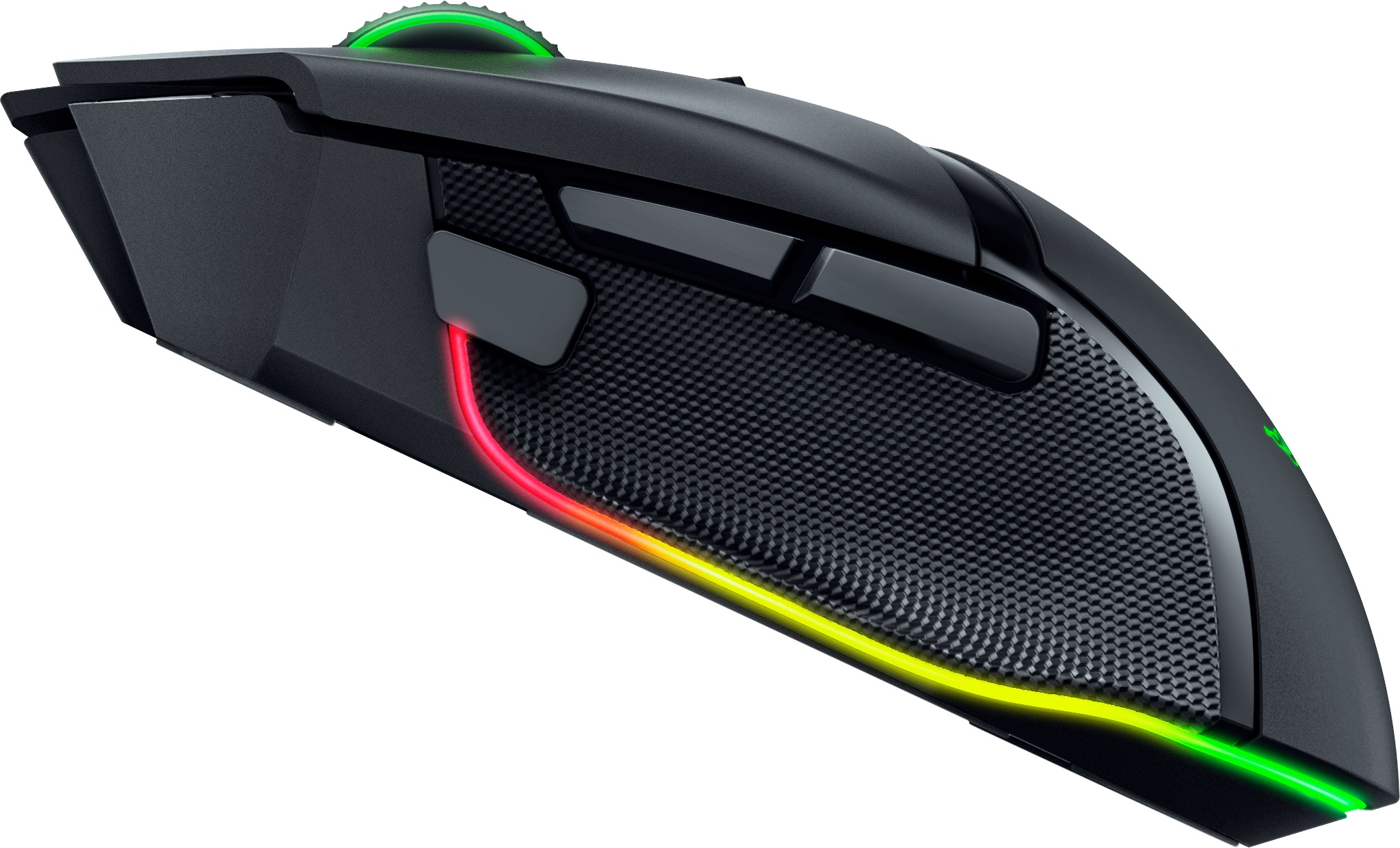 Eine schwarze Gaming-Maus mit RGB-Beleuchtung, Seitenansicht mit Tasten und strukturierter Grifffläche.