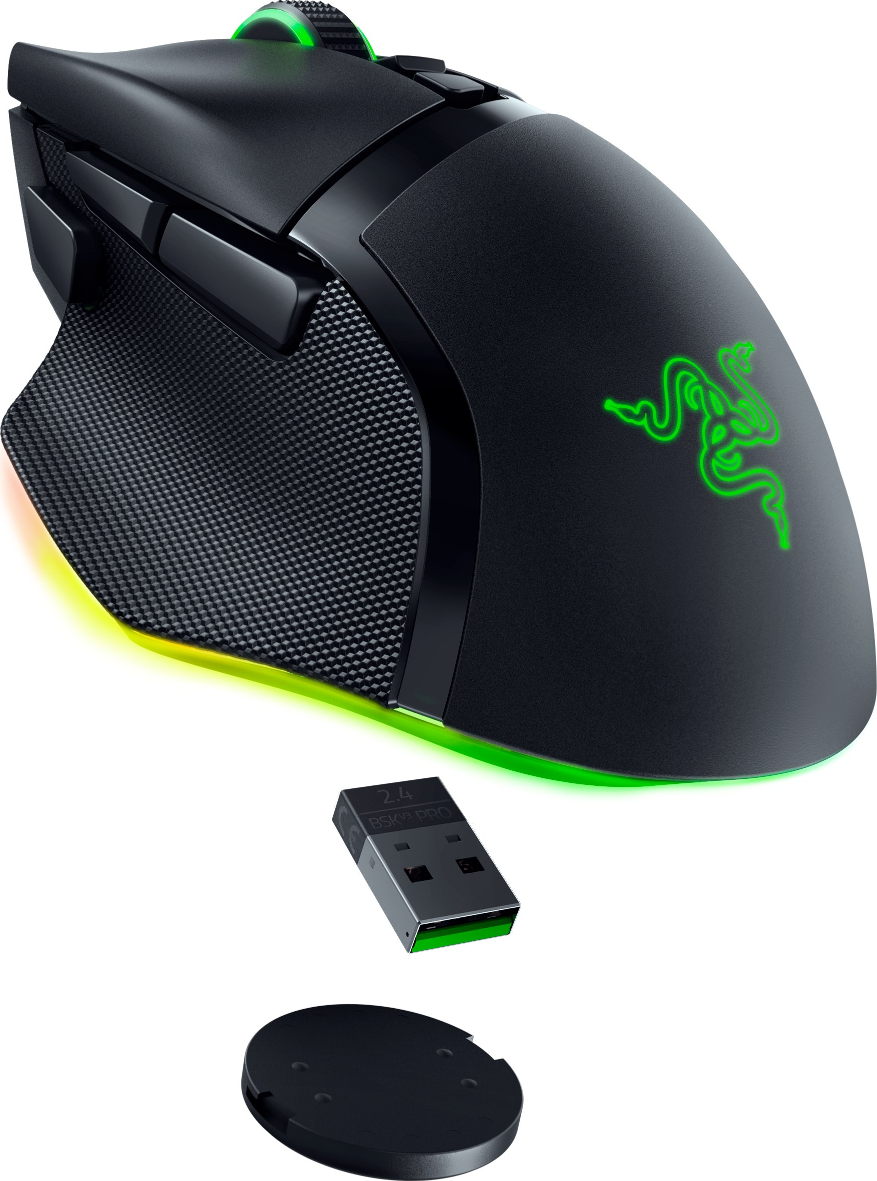 Eine schwarze kabellose Maus mit grünem Logo, USB-Empfänger und Ladestation.