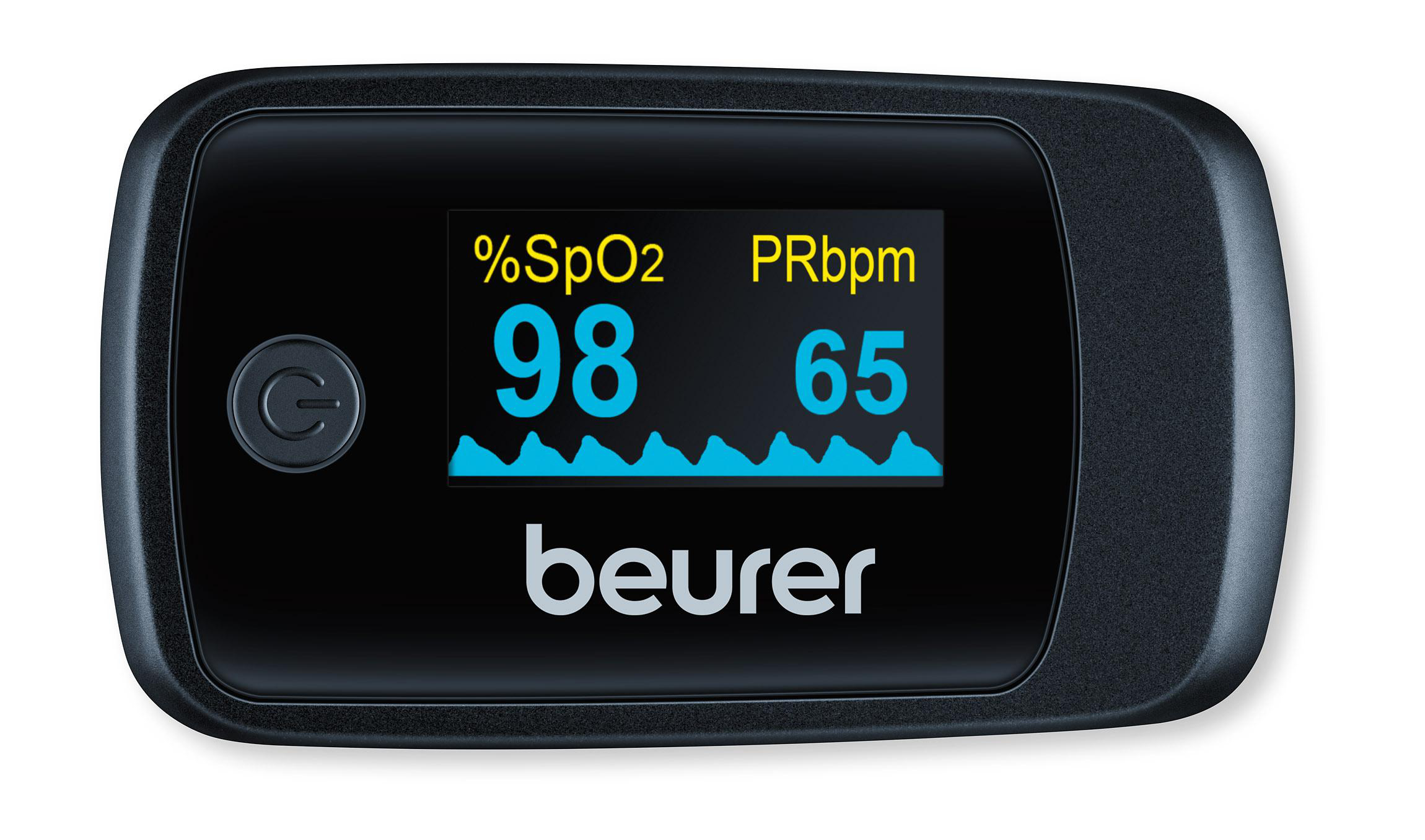 Ein schwarzes Pulsoximeter mit Digitalanzeige, die SpO2 und PRbpm zeigt.