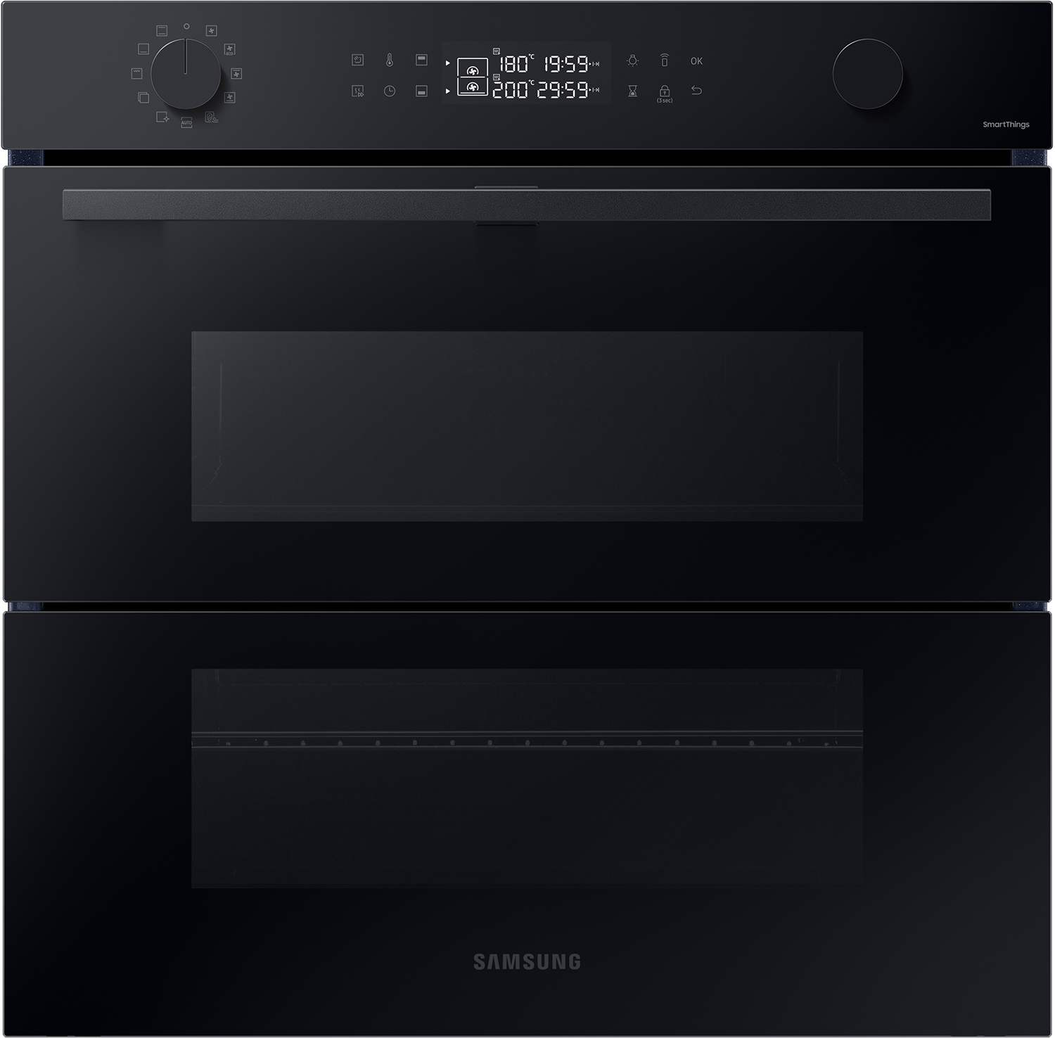 Een ingebouwde zwarte oven met een digitaal display en twee aparte ovenruimtes.