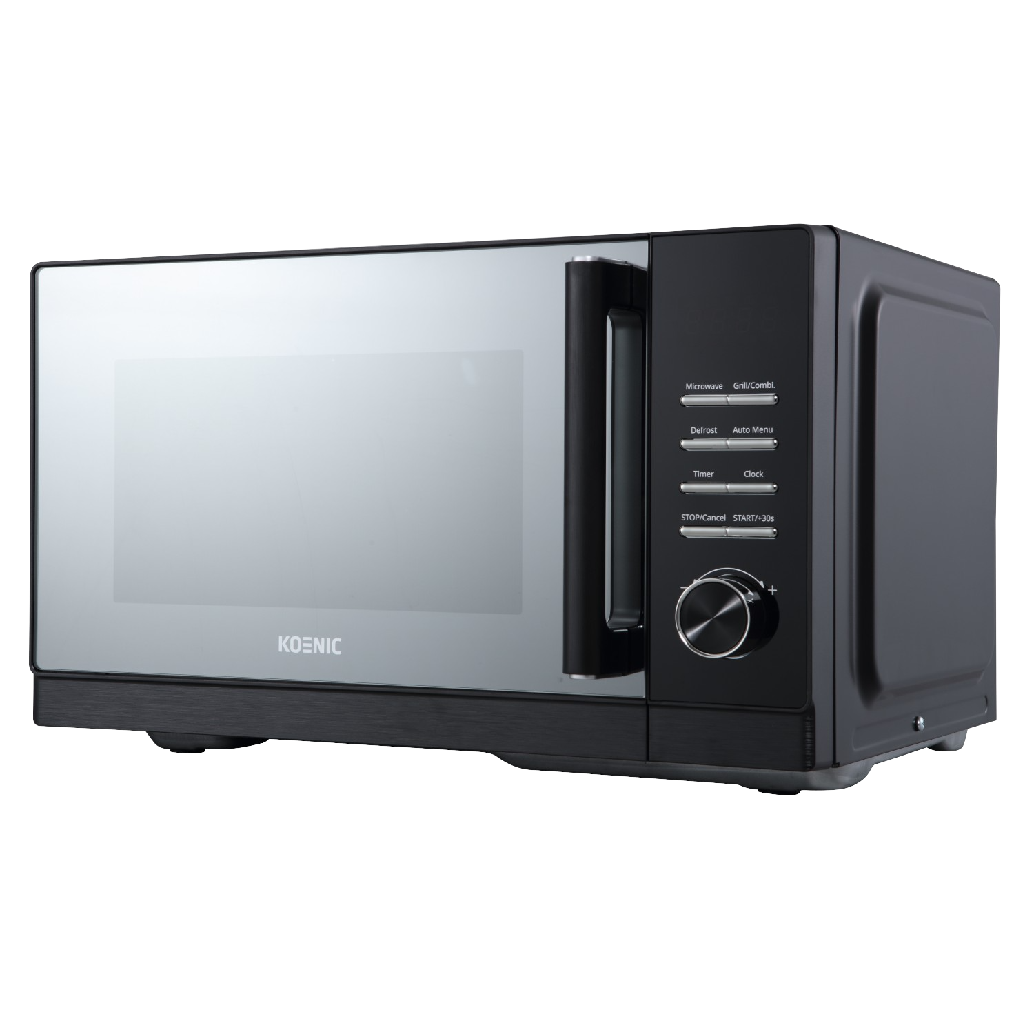 Zwarte en zilveren Koenic magnetron met bedieningspaneel, deur en handvat, donkere achtergrond.