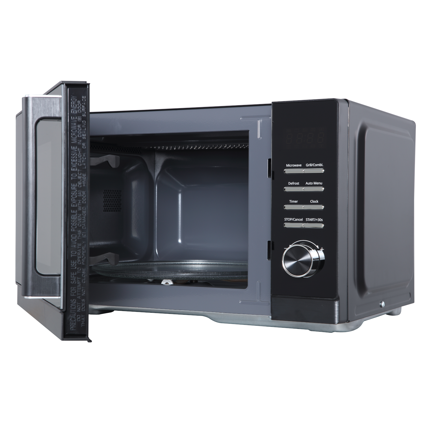 Microwave oven, door open, showing interior.