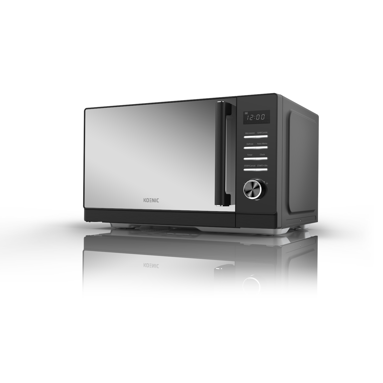 A silver and black Koenic microwave oven, reflecting on a white surface. Controls visible.